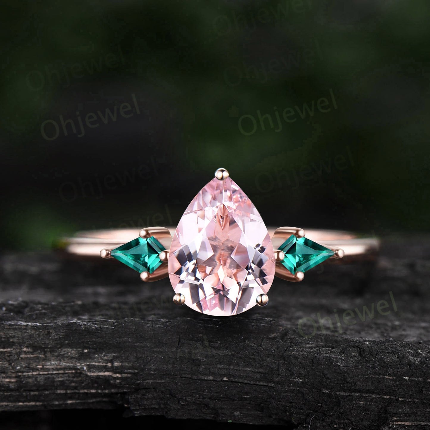 Pear shaped pink morganite ring three stone 14k rose gold ring kite cut Alexandrite ring dainty morganite engagement ring women promise ring
