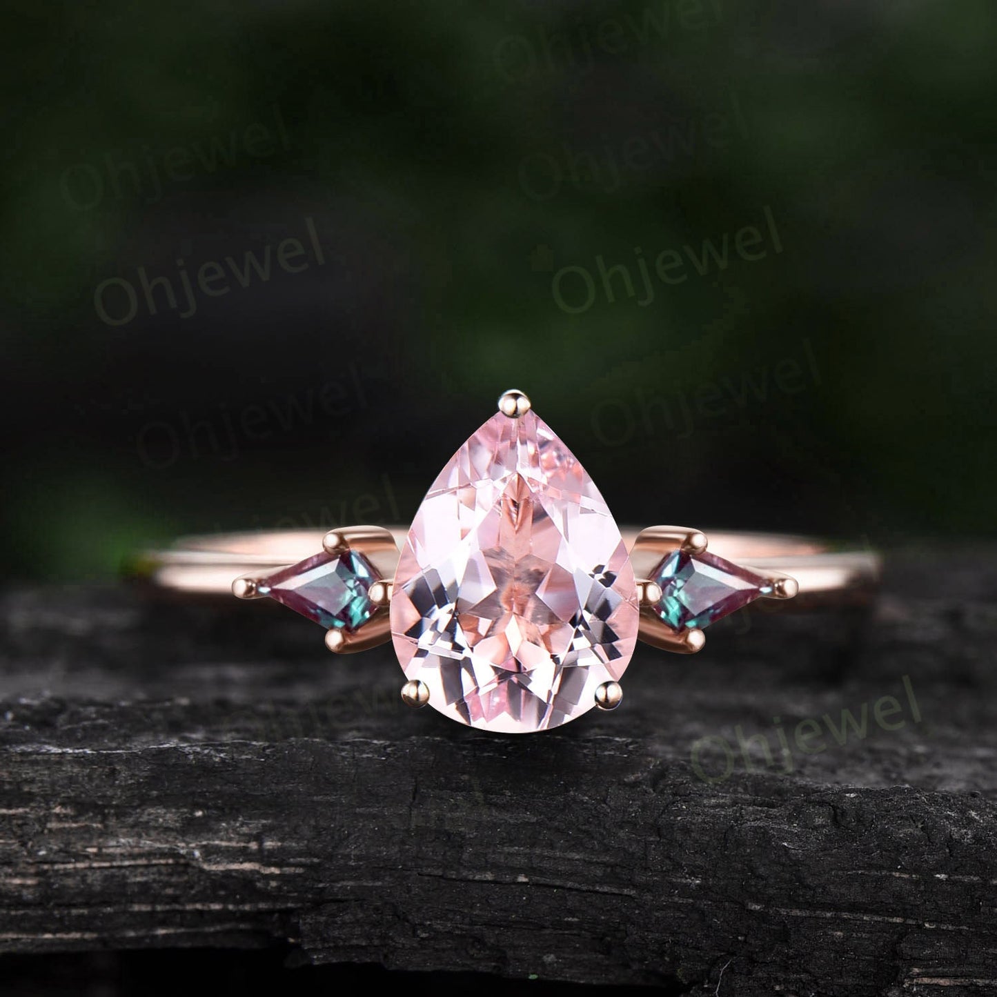 Pear shaped pink morganite ring three stone 14k rose gold ring kite cut Alexandrite ring dainty morganite engagement ring women promise ring