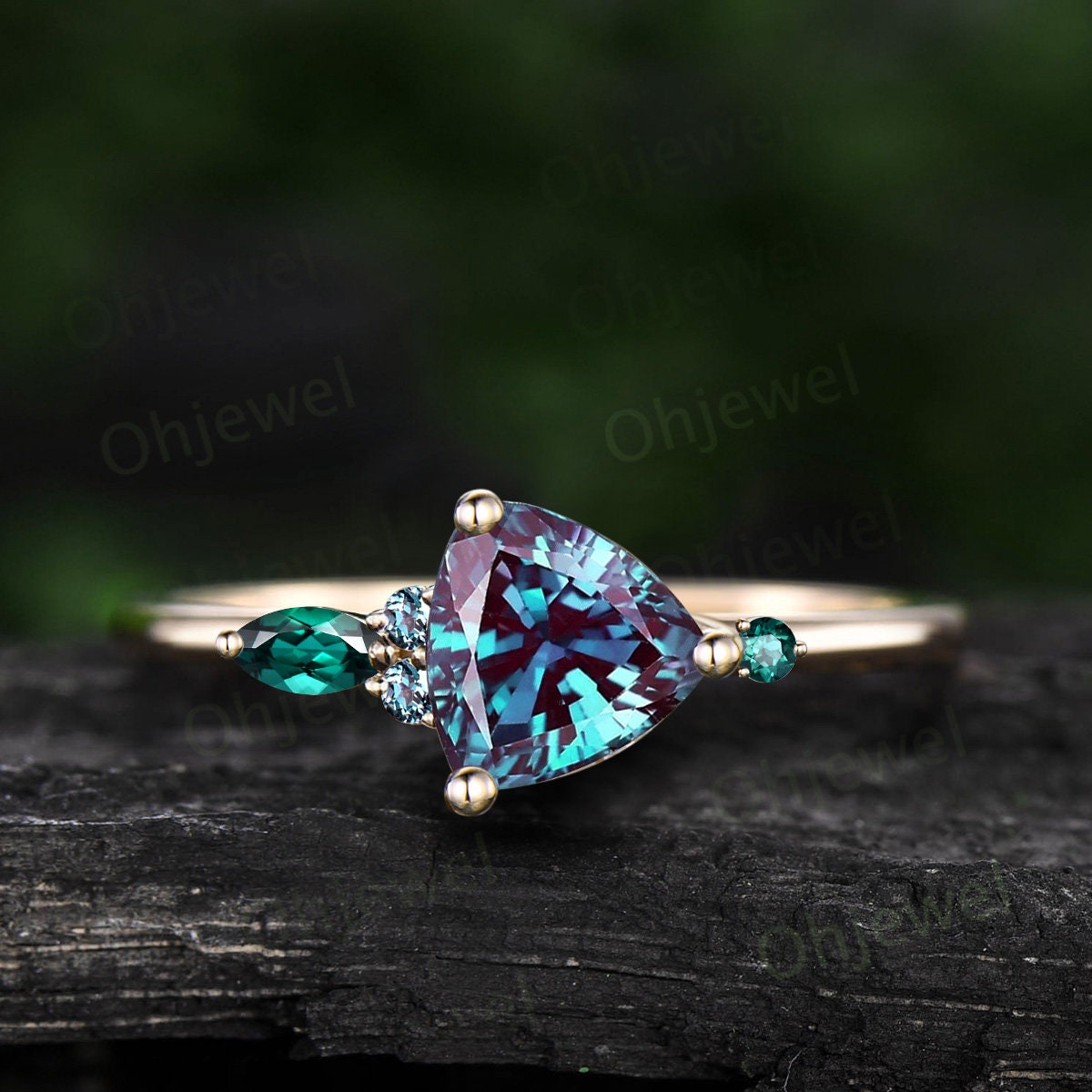 Trillion cut Alexandrite engagement ring rose gold five stone ring marquise moonstone ring women unique diamond bridal wedding promise ring