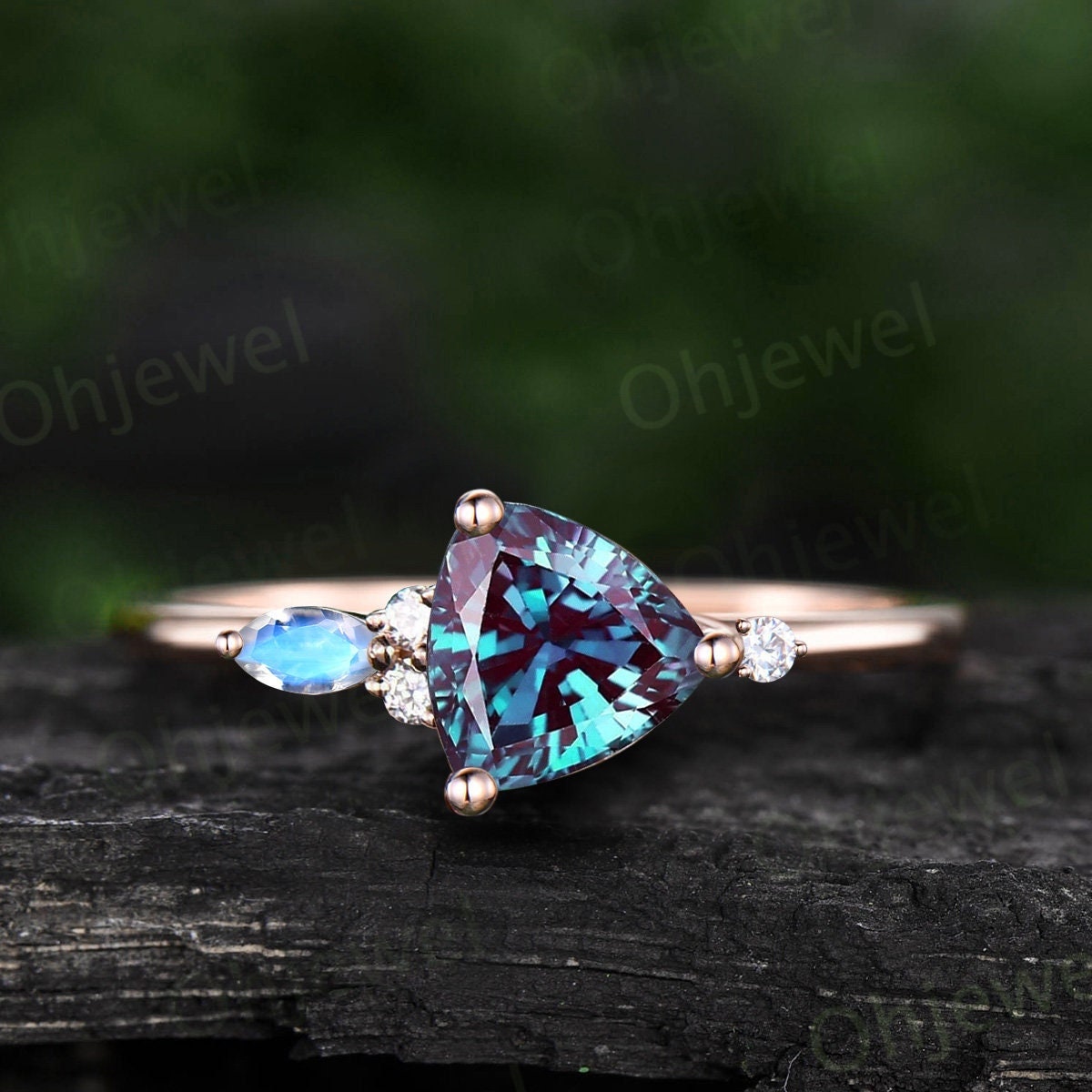 Trillion cut Alexandrite engagement ring rose gold five stone ring marquise moonstone ring women unique diamond bridal wedding promise ring