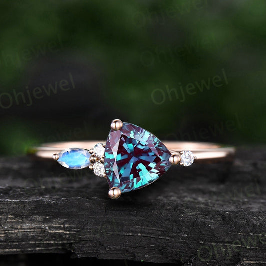 Trillion cut Alexandrite engagement ring rose gold five stone ring marquise moonstone ring women unique diamond bridal wedding promise ring