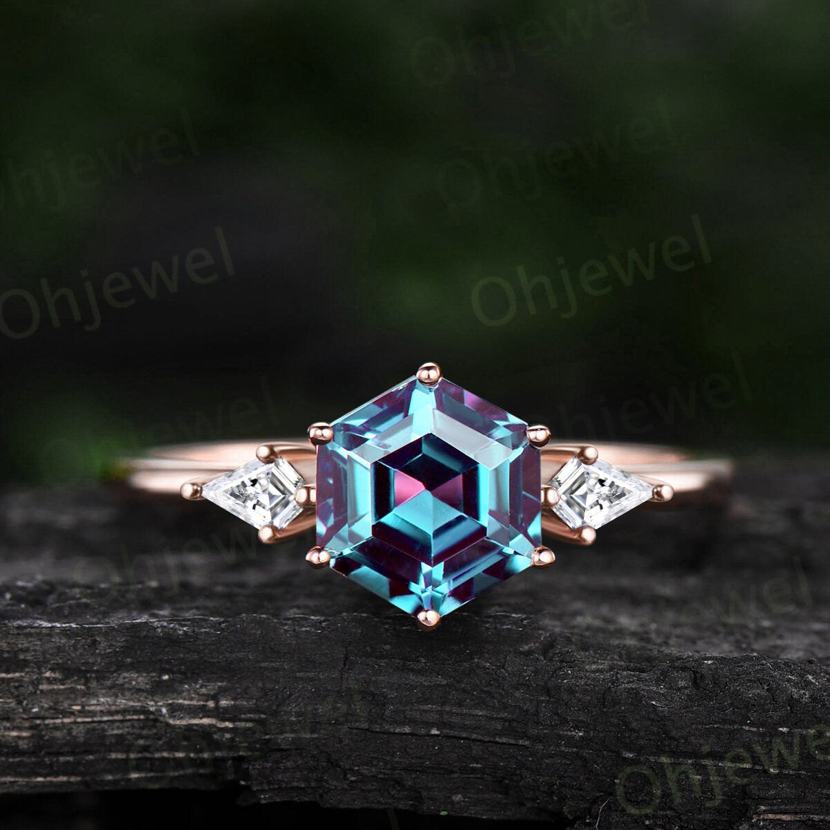 Vintage emerald Alexandrite engagement ring Hexagon cut ring three stone Minimalist ring kite cut emerald ring women dainty promise ring