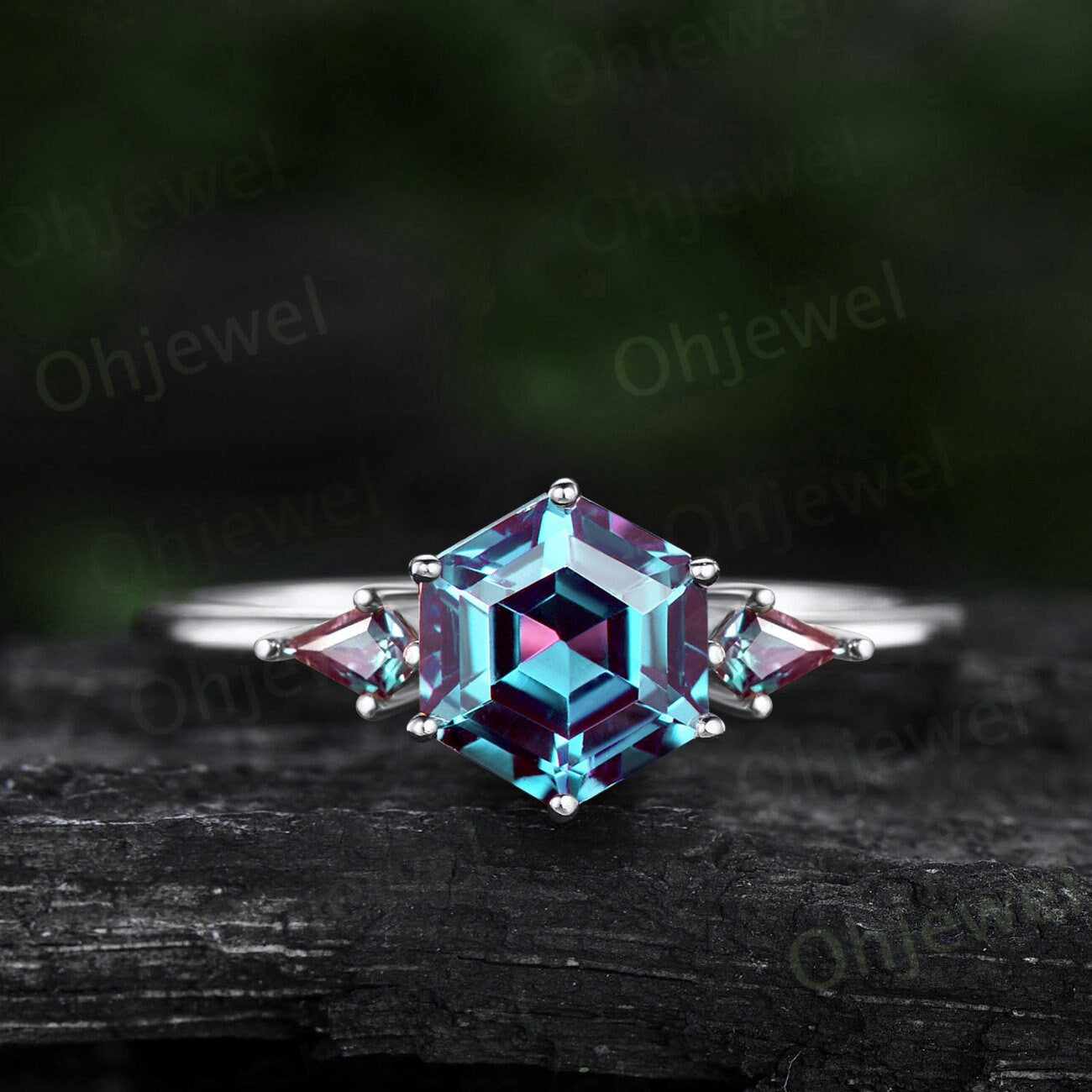 Vintage emerald Alexandrite engagement ring Hexagon cut ring three stone Minimalist ring kite cut emerald ring women dainty promise ring