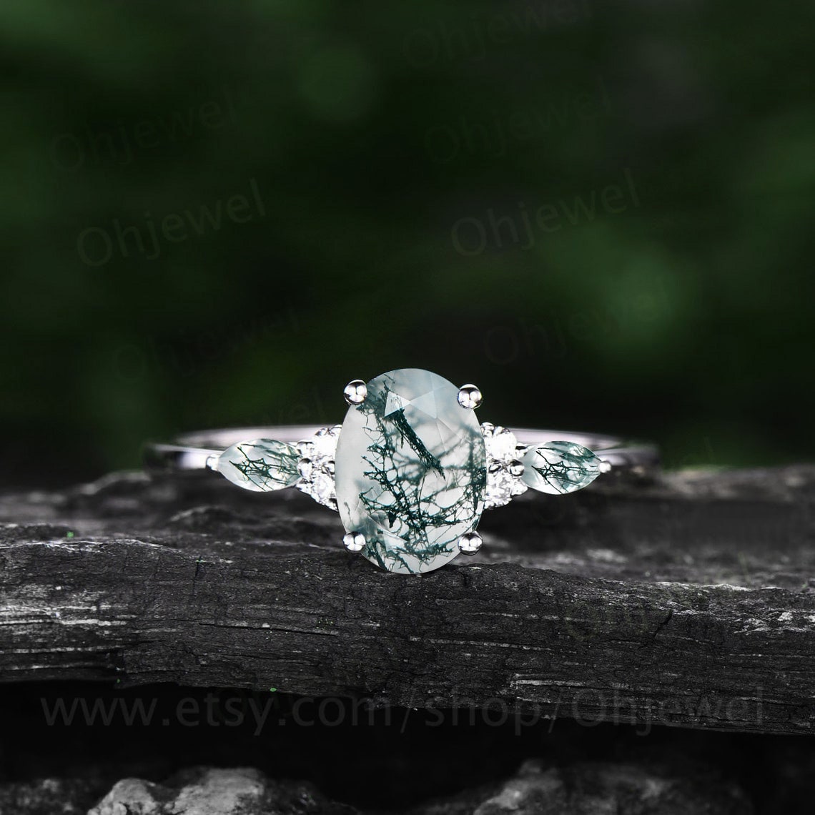 Oval cut green moss agate ring rose gold art deco unique engagement ring women curved alexandrite wedding ring band dainty moissanite ring