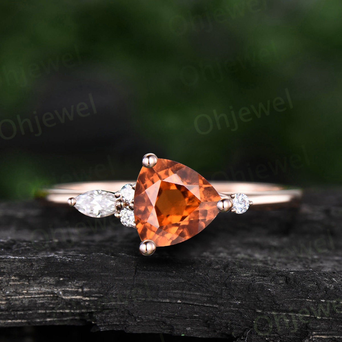 Natural Spessartite Garnet Ring mandarin garnet ring Orange Garnet engagement ring 14k rose gold art deco five stone diamond ring women gift