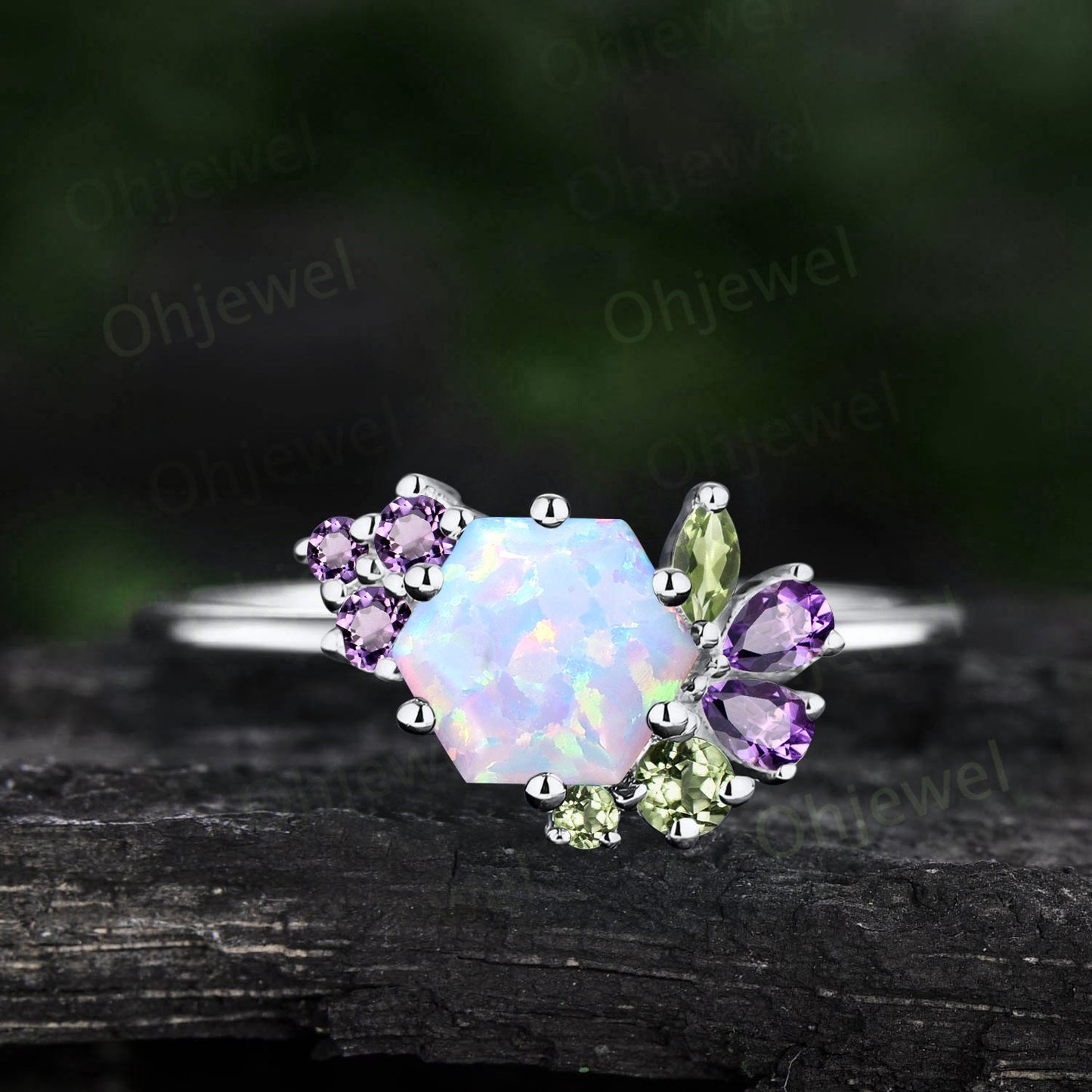 Vintage hexagon white opal engagement ring rose gold cluster peridot amethyst ring women dainty 6 prong birthstone anniversary ring gift