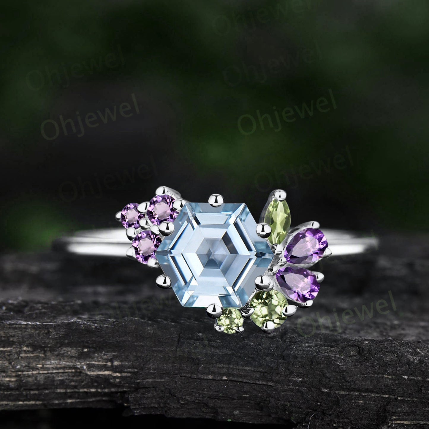 Unique hexagon cut aquamarine ring cluster engagement ring 14k rose gold women gift peridot amethyst ring March birthstone ring fine jewelry