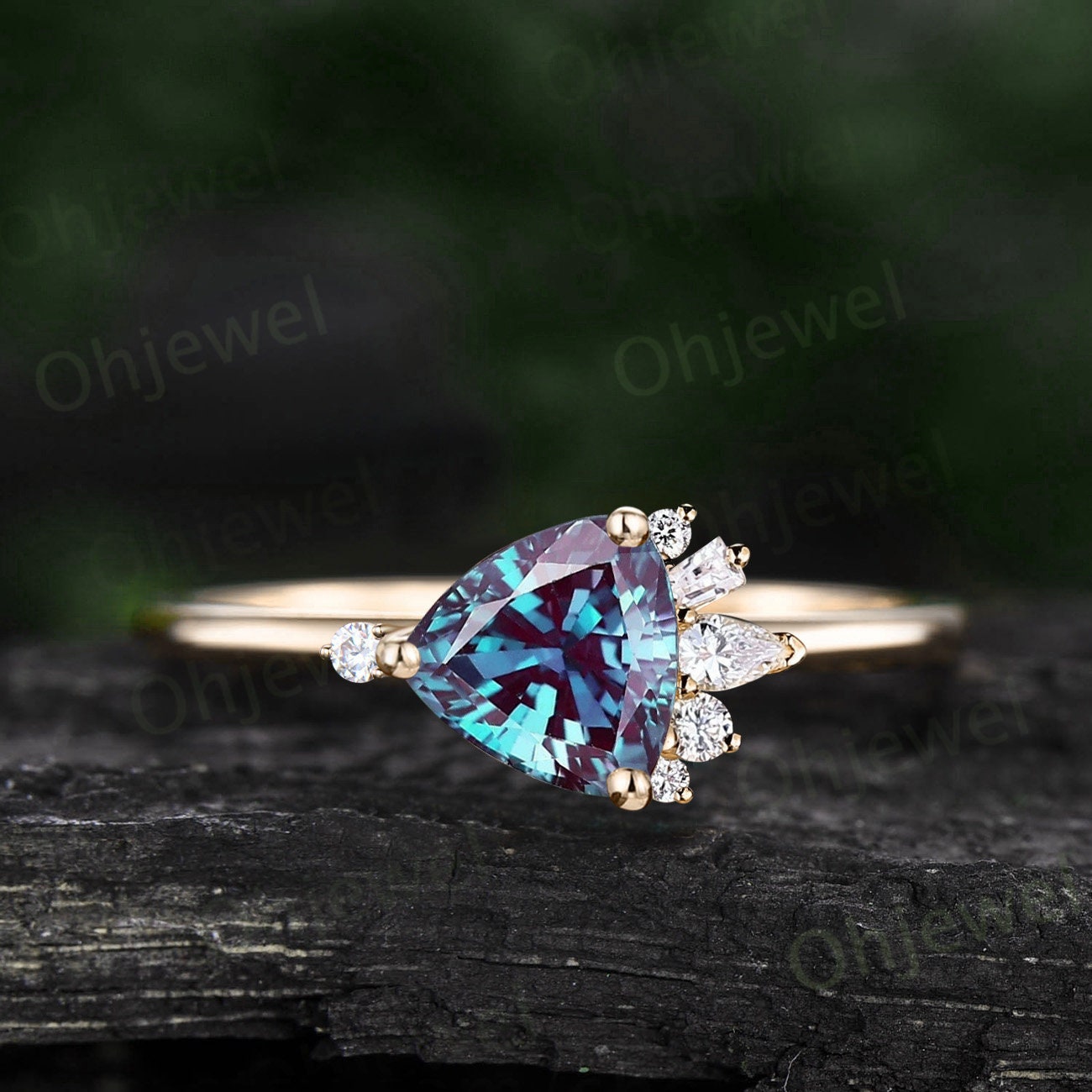 Alexandrite ring vintage Trilliant cut Alexandrite engagement ring cluster moissanite ring 14k rose gold dainty promise wedding ring women