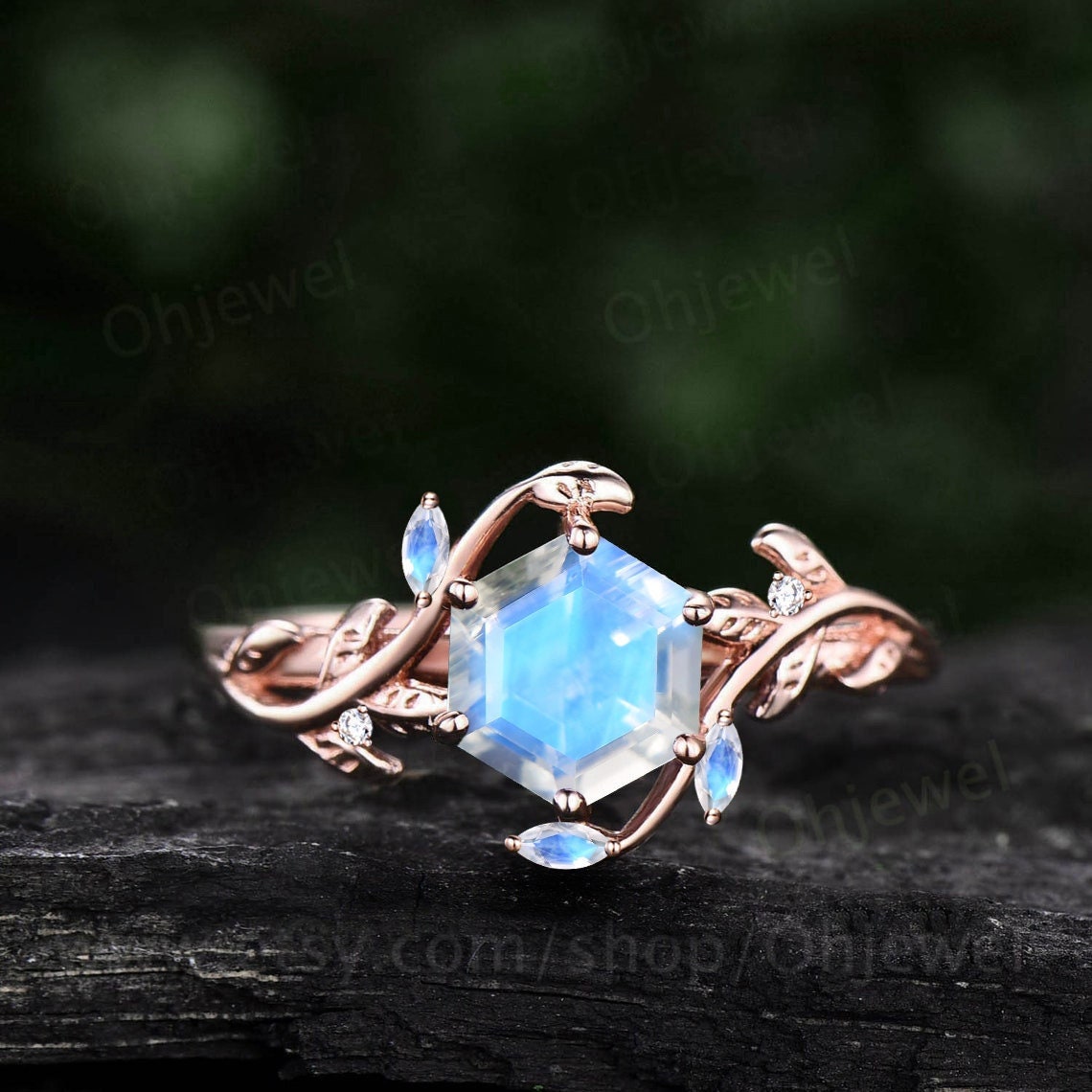 Vintage Hexagon cut moonstone engagement ring art deco nature inspired diamond ring women leaf rose gold branch promise wedding ring gift