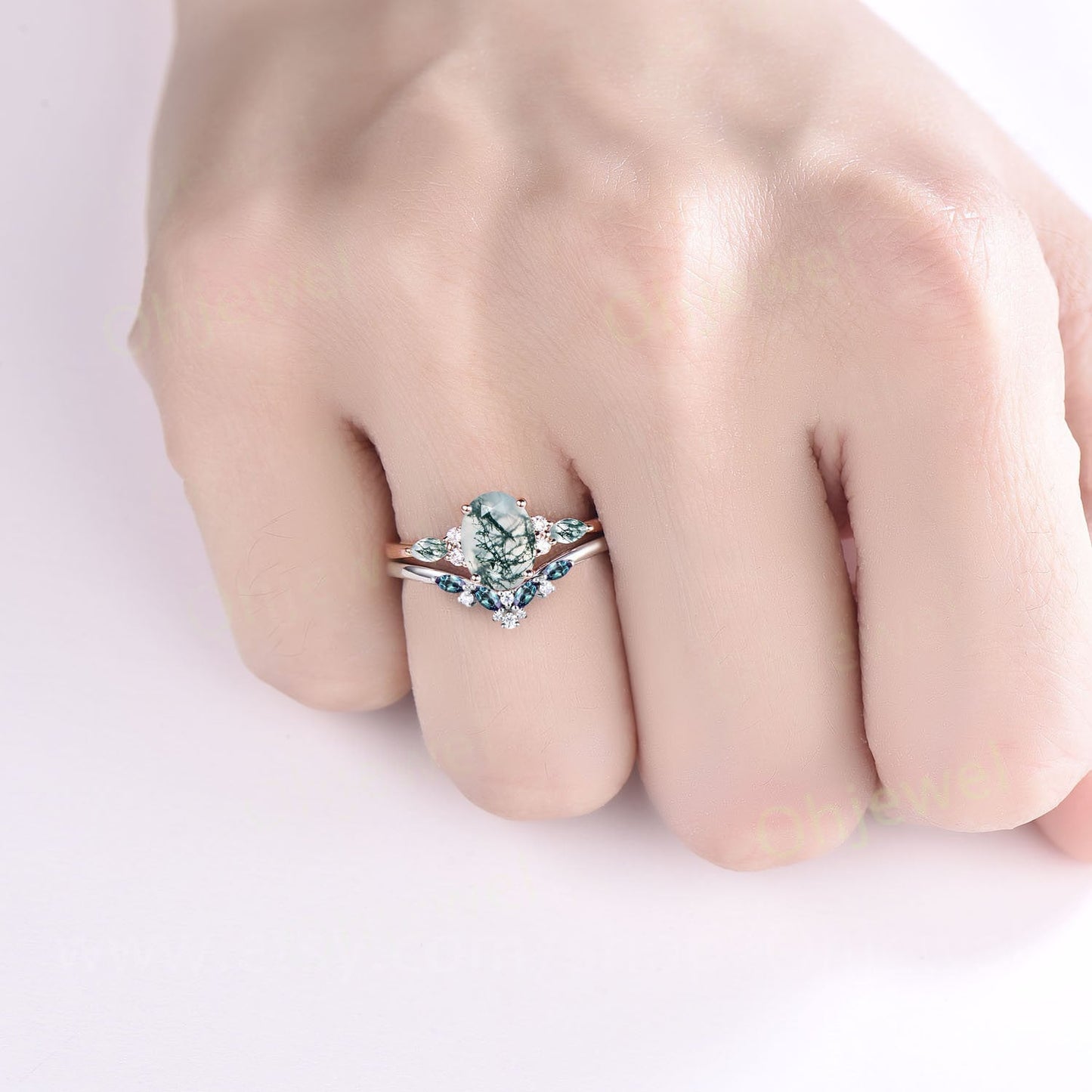 Oval cut green moss agate ring rose gold art deco unique engagement ring women curved alexandrite wedding ring band dainty moissanite ring