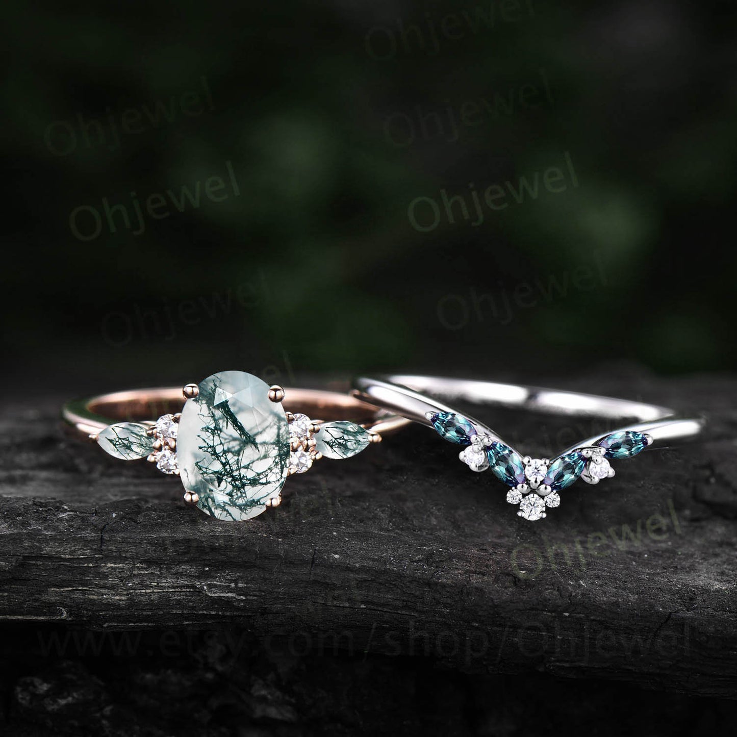 Oval cut green moss agate ring rose gold art deco unique engagement ring women curved alexandrite wedding ring band dainty moissanite ring