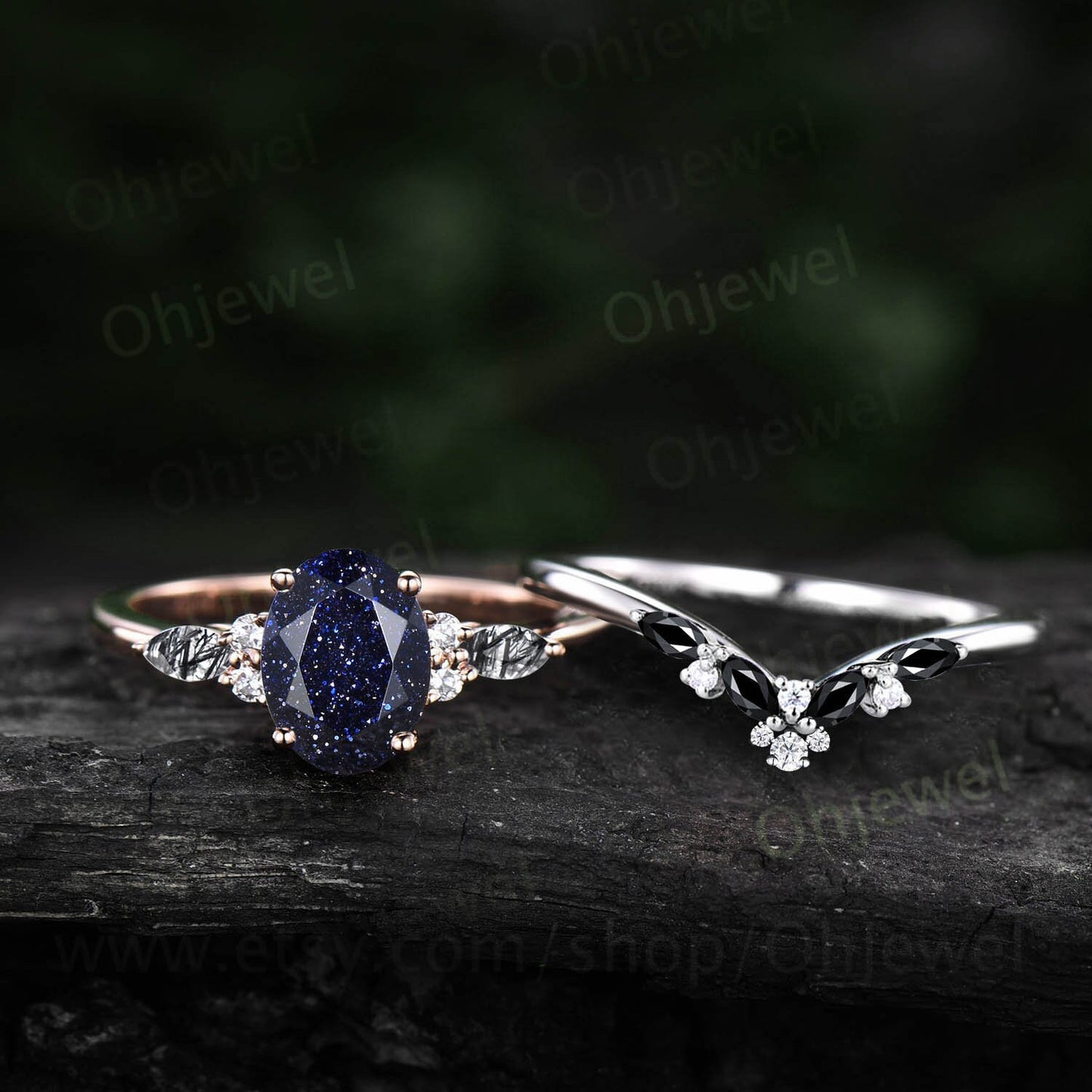 Vintage oval blue sandstone engagement ring set rose gold marquise black rutilated quartz ring women moissanite wedding bridal ring set gift