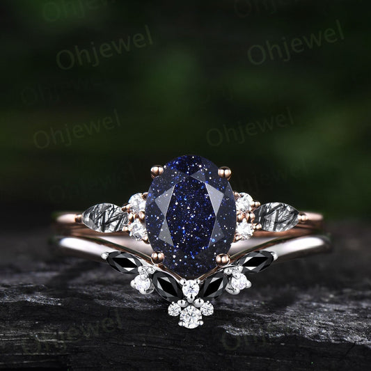 Vintage oval blue sandstone engagement ring set rose gold marquise black rutilated quartz ring women moissanite wedding bridal ring set gift