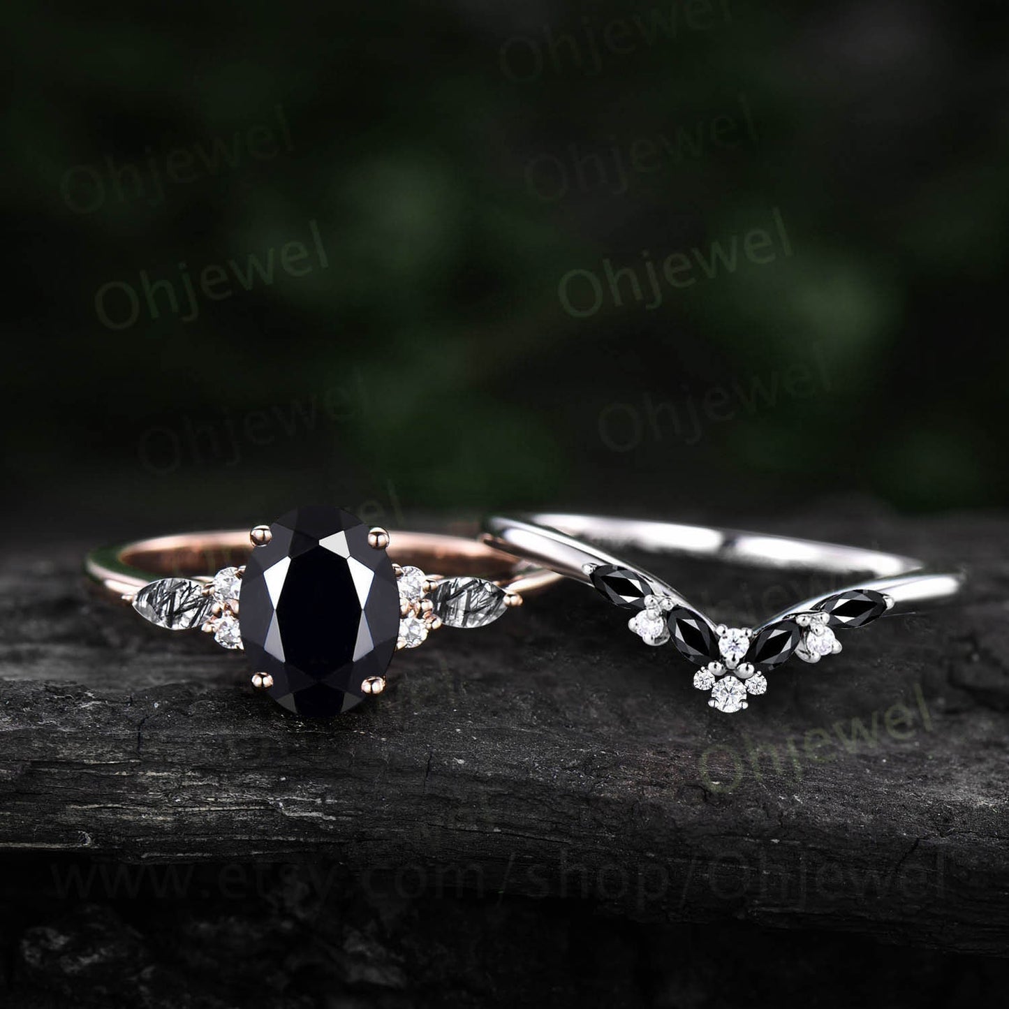 Vintage oval Black Onyx engagement ring set rose gold marquise black rutilated quartz ring women moissanite promise wedding bridal ring set