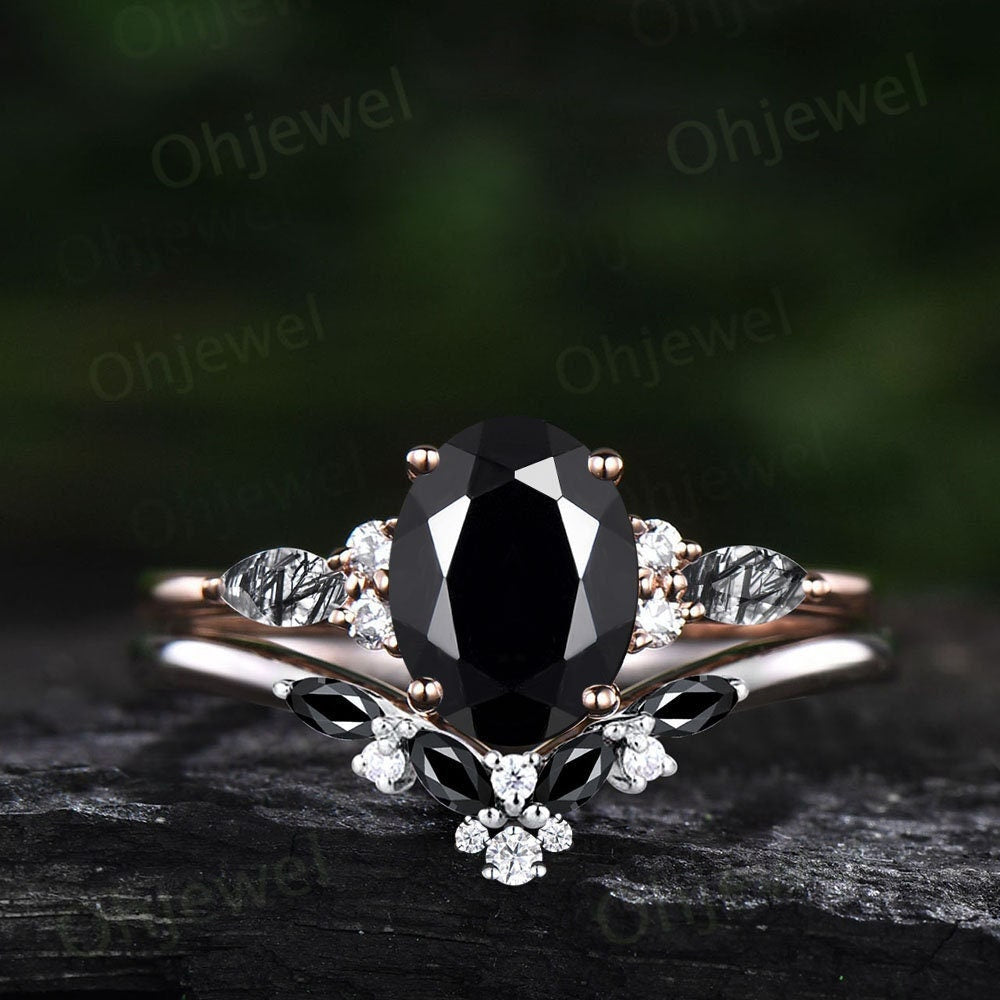 Vintage oval Black Onyx engagement ring set rose gold marquise black rutilated quartz ring women moissanite promise wedding bridal ring set