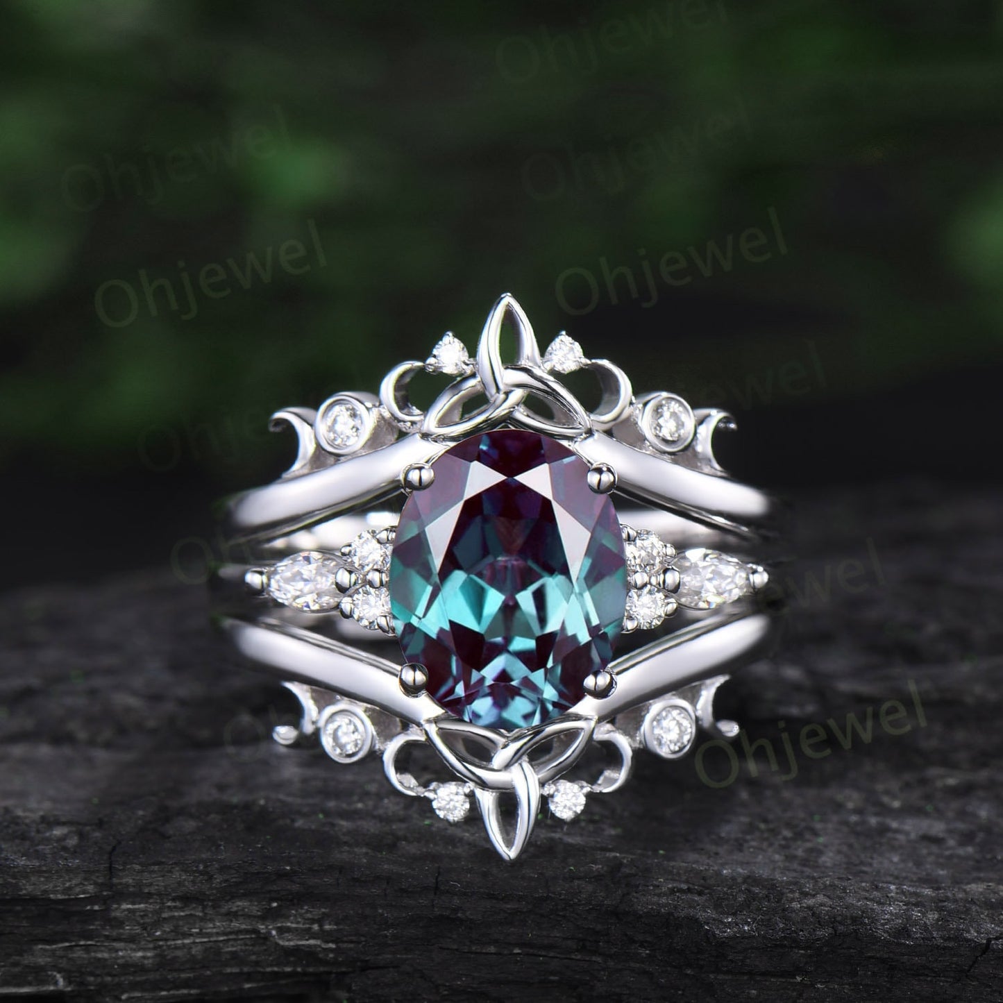 4ct oval cut Alexandrite engagement ring set solid 14k white gold art deco diamond ring vintage moon Celtic knot wedding ring set for women
