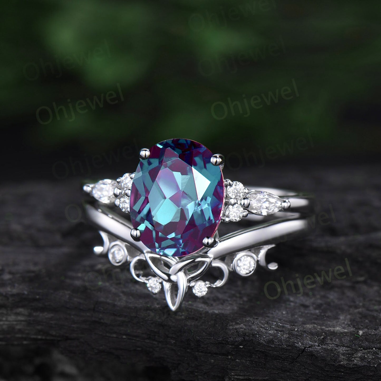 4ct oval cut Alexandrite engagement ring set solid 14k white gold art deco diamond ring vintage moon Celtic knot wedding ring set for women