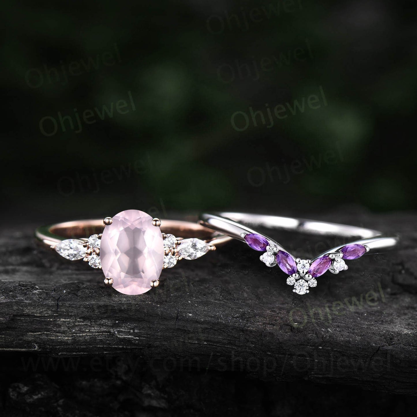 Oval rose quartz ring vintage amethyst ring unique engagement ring art deco crystal ring rose gold cluster moissanite bridal ring set women