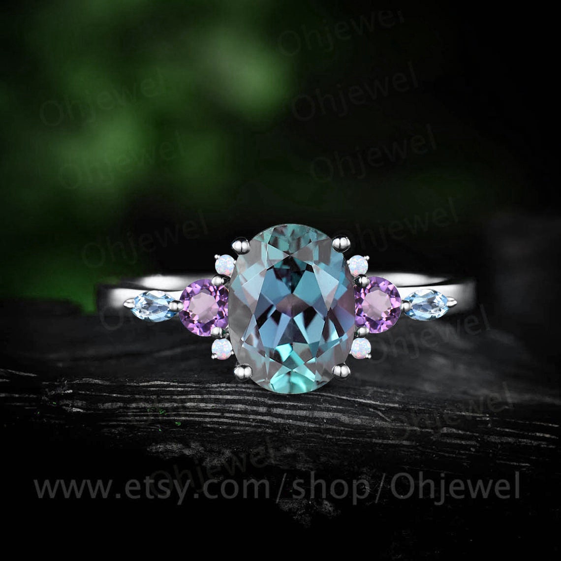 Oval Alexandrite engagement ring art deco cluster opal amethyst topaz ring rose gold gemstone ring dainty bridal ring women fine jewelry