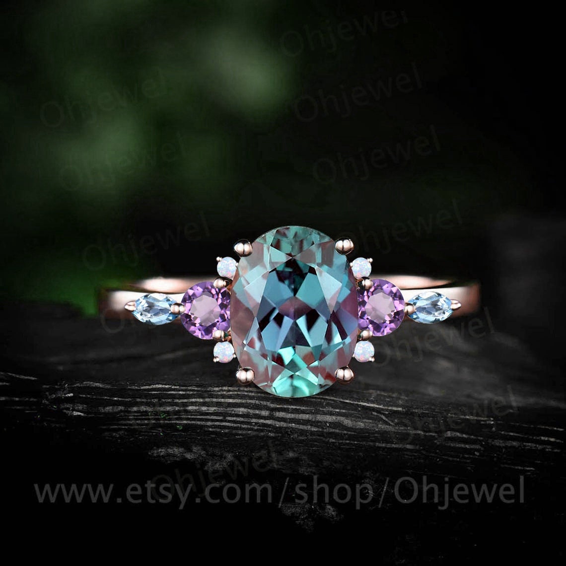 Oval Alexandrite engagement ring art deco cluster opal amethyst topaz ring rose gold gemstone ring dainty bridal ring women fine jewelry