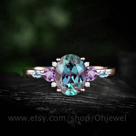 Oval Alexandrite engagement ring art deco cluster opal amethyst topaz ring rose gold gemstone ring dainty bridal ring women fine jewelry