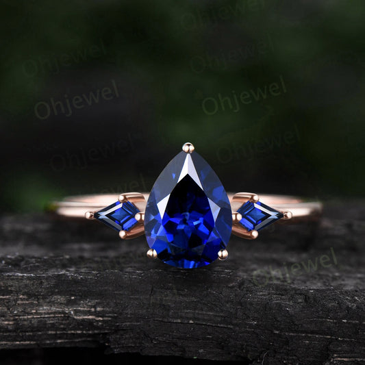 Pear shaped sapphire ring women vintage kite cut sapphire ring three stone unique engagement ring Minimalist rose gold wedding ring gift