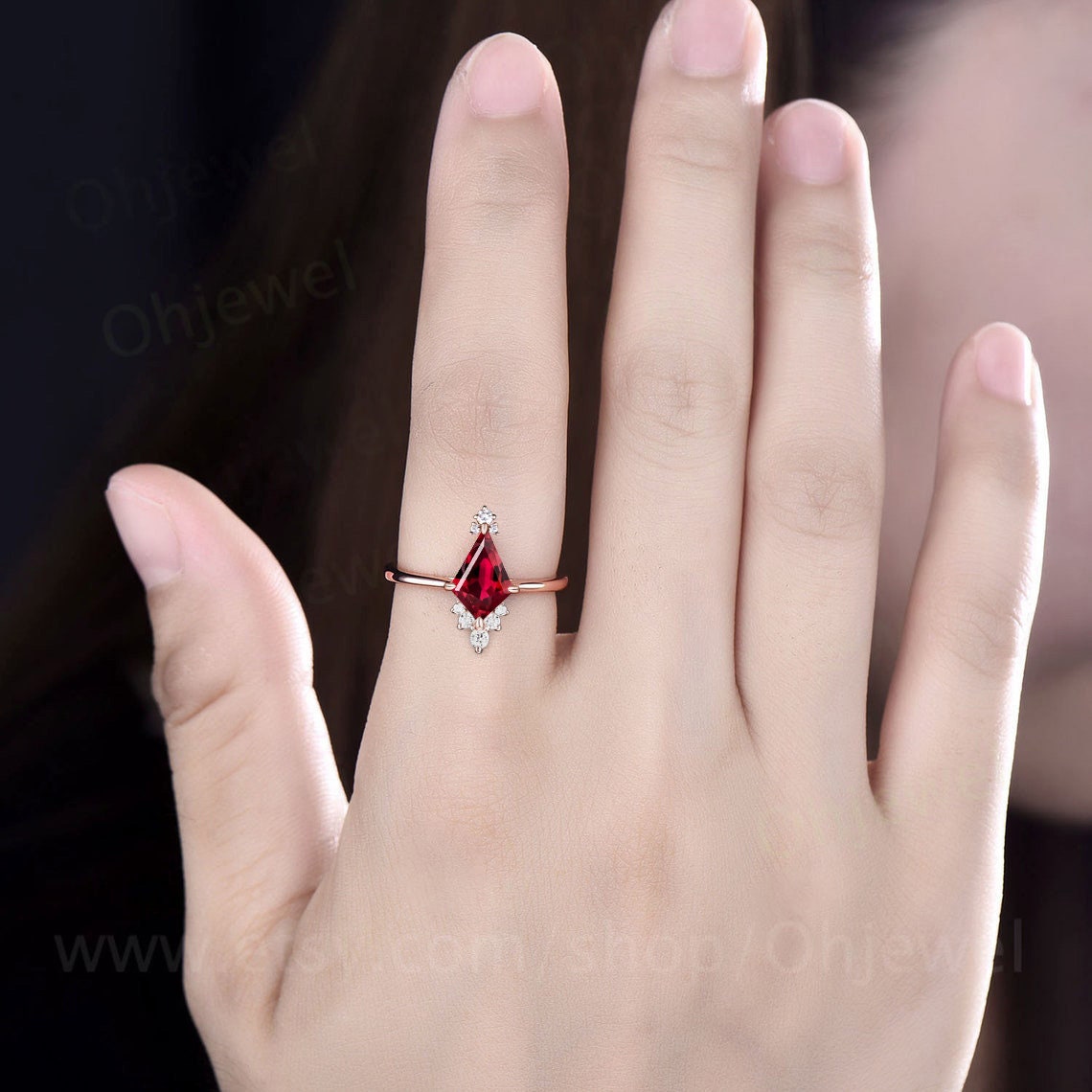 Vintage kite cut red ruby engagement ring solid 14k rose gold Cathedral cluster diamond ring women dainty unique bridal wedding ring gift