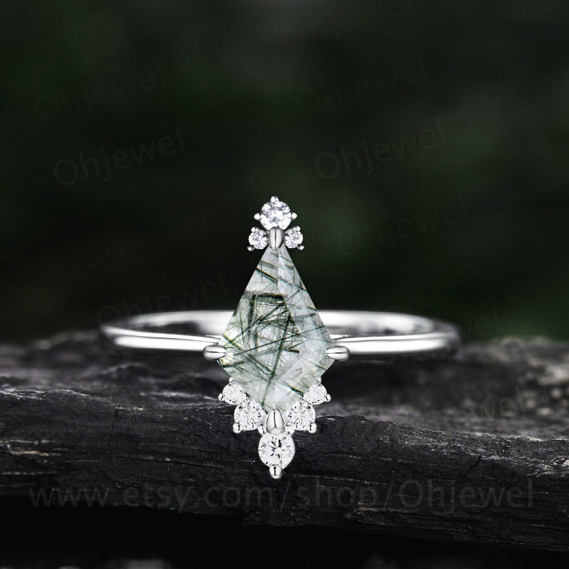 Vintage kite cut green rutilated quartz engagement ring solid rose gold Cathedral cluster diamond ring women dainty anniversary ring gift