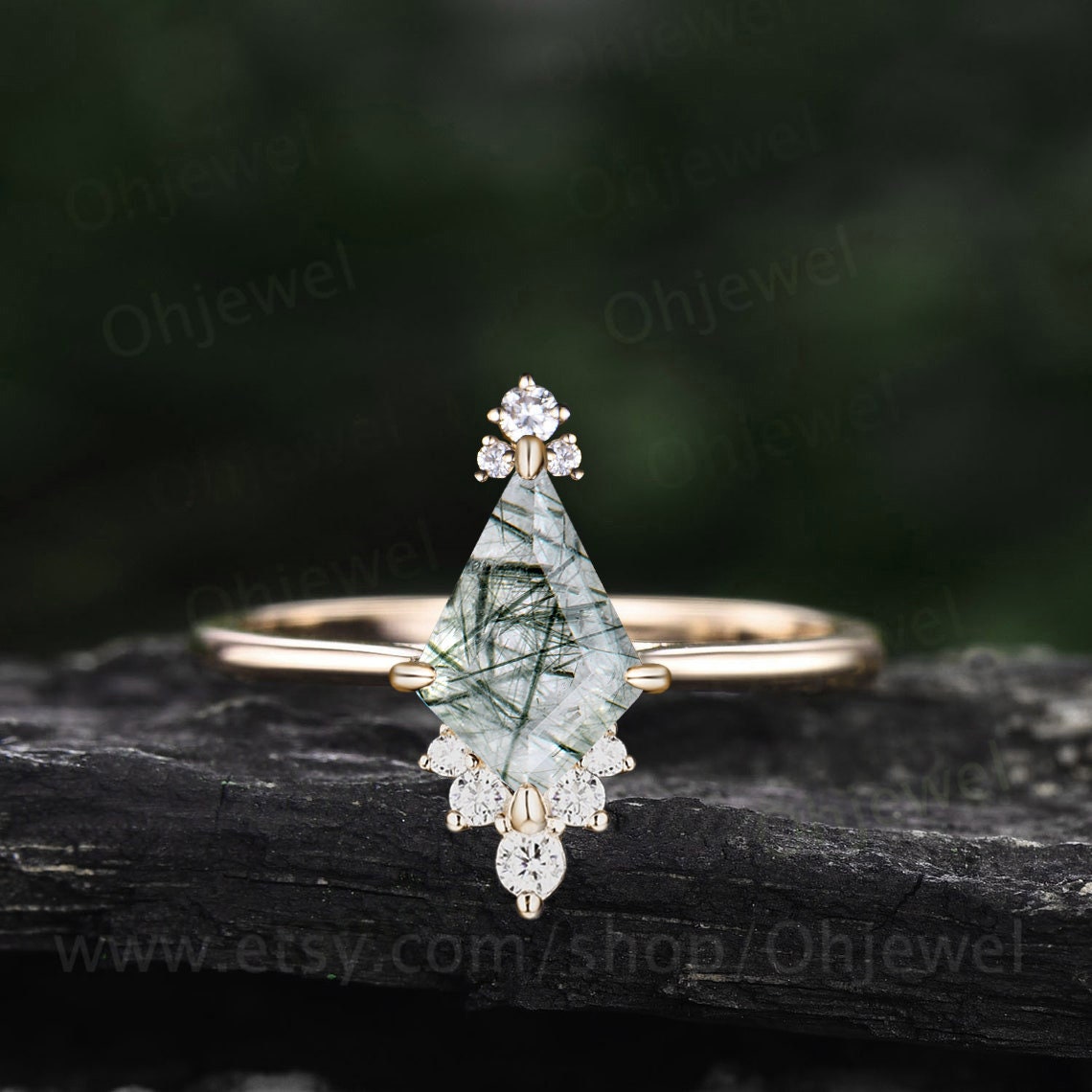Vintage kite cut green rutilated quartz engagement ring solid rose gold Cathedral cluster diamond ring women dainty anniversary ring gift