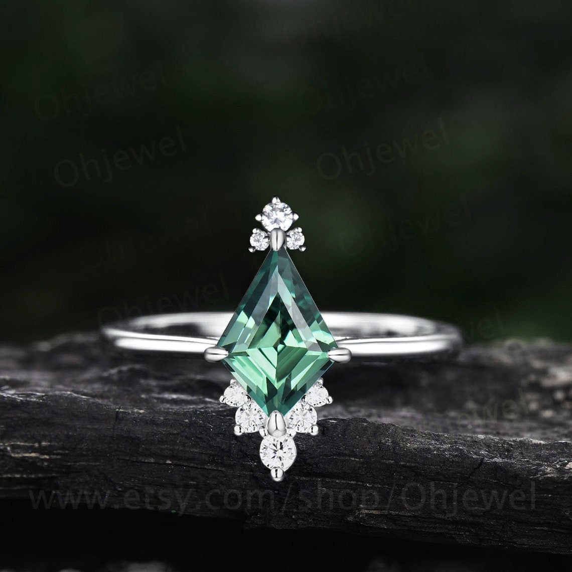 Kite cut green sapphire engagement ring 14k white gold cluster Cathedral diamond promise ring her dainty moissanite ring women fine jewelry