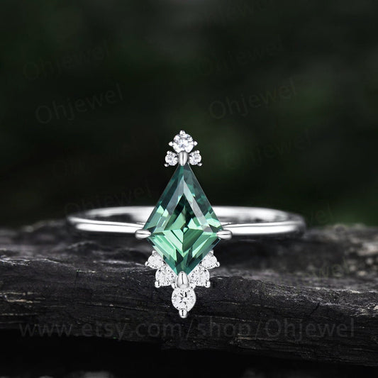 Kite cut green sapphire engagement ring 14k white gold cluster Cathedral diamond promise ring her dainty moissanite ring women fine jewelry