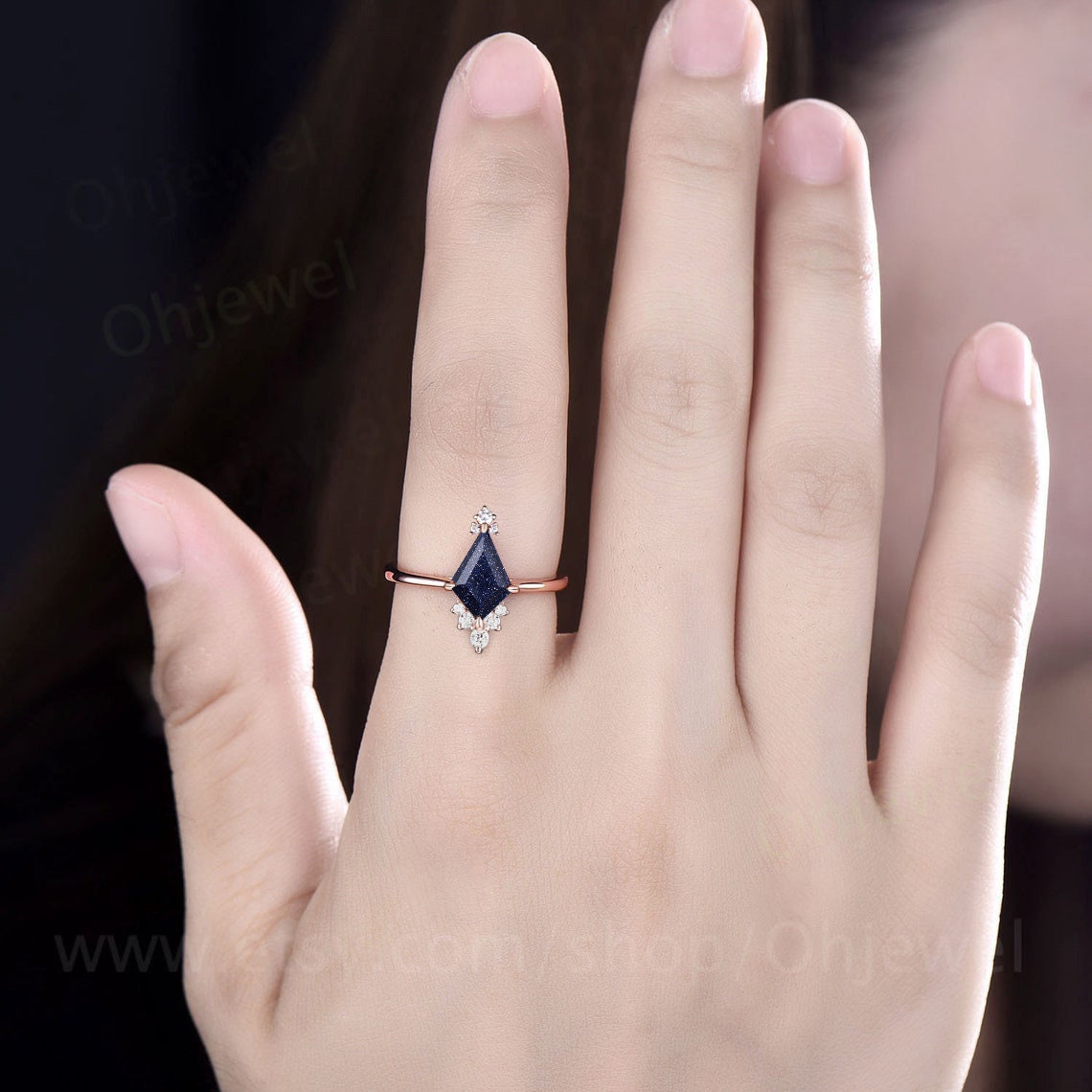 Kite cut blue sandstone engagement ring 14k rose gold cluster Cathedral diamond promise ring her dainty moissanite ring women fine jewelry