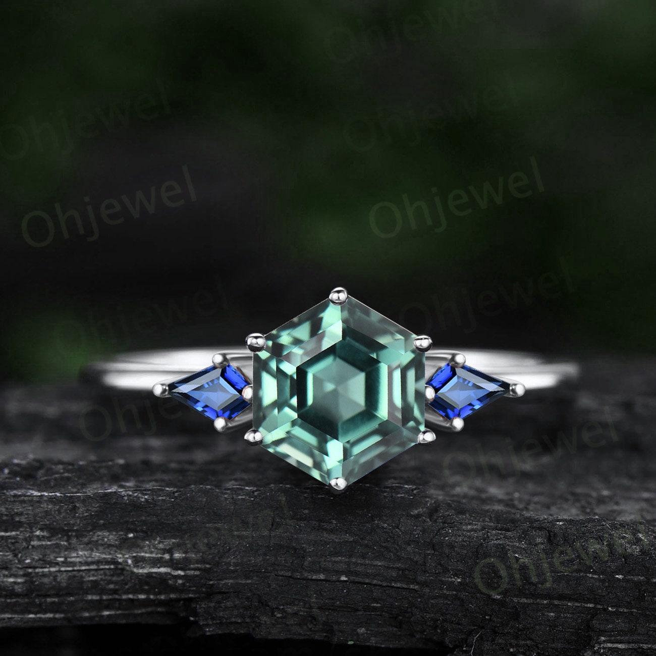 Hexagon cut green sapphire ring three stone kite cut emerald ring gold unique engagement ring women Minimalist 6 prong bridal wedding ring