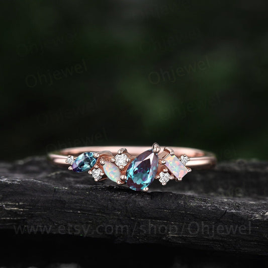 Cluster pear alexandrite ring rose gold art deco Baguette cut opal ring women dainty moissanite wedding band bridal anniversary ring gift