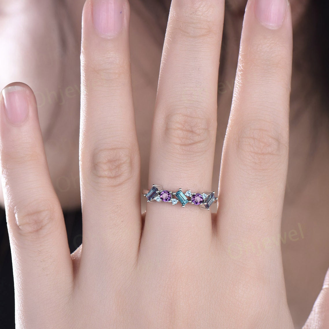 Baguette cut Alexandrite ring vintage cluster Amethyst ring women rose gold topaz wedding band gemstone unique bridal anniversary ring gift