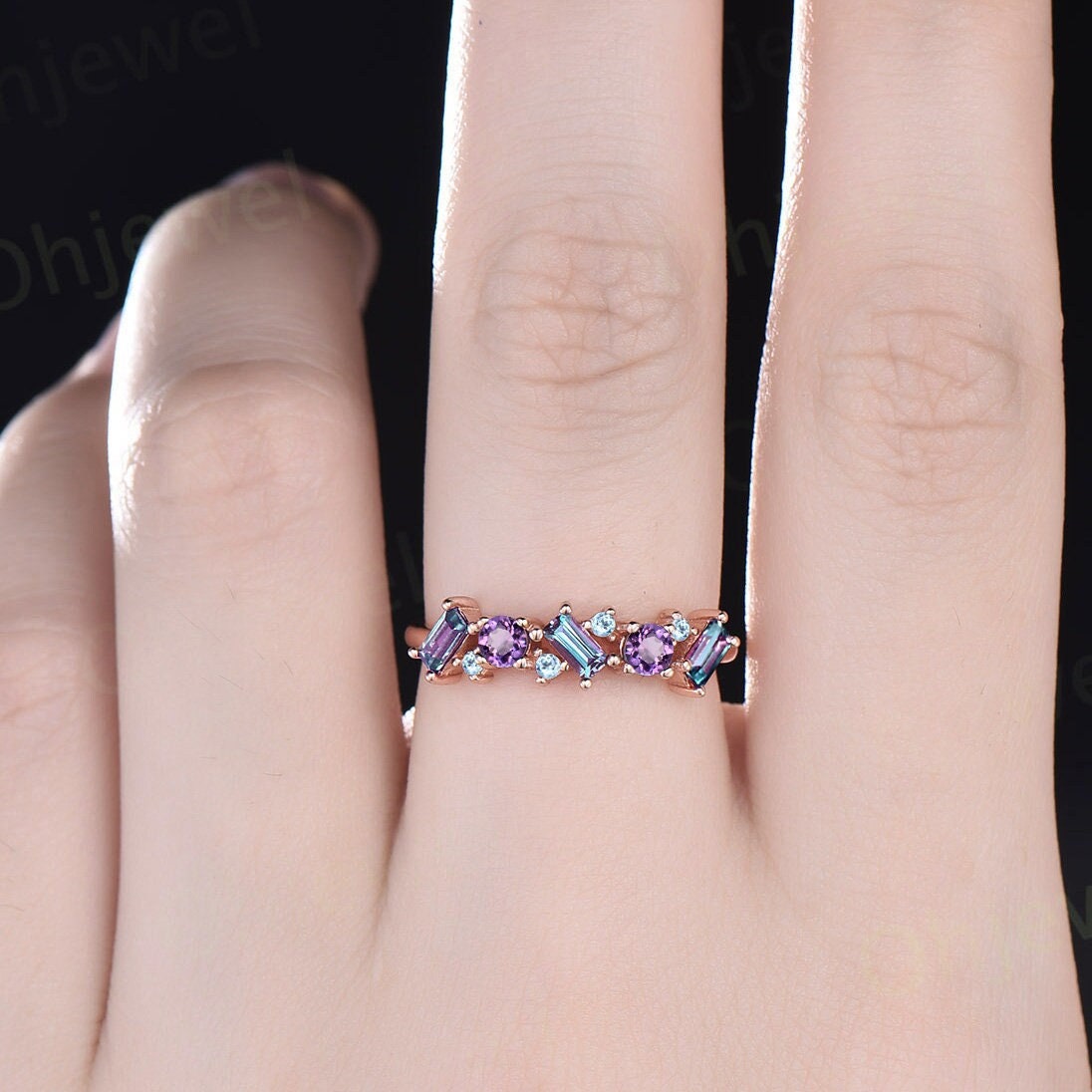 Baguette cut Alexandrite ring vintage cluster Amethyst ring women rose gold topaz wedding band gemstone unique bridal anniversary ring gift