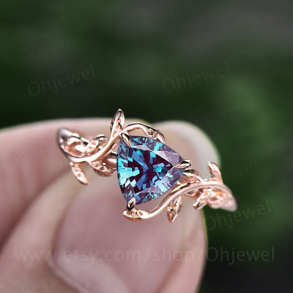 Vintage trilliant cut Alexandrite engagement ring leaf rose gold solitaire ring branches bridal ring women art deco unique promise ring her
