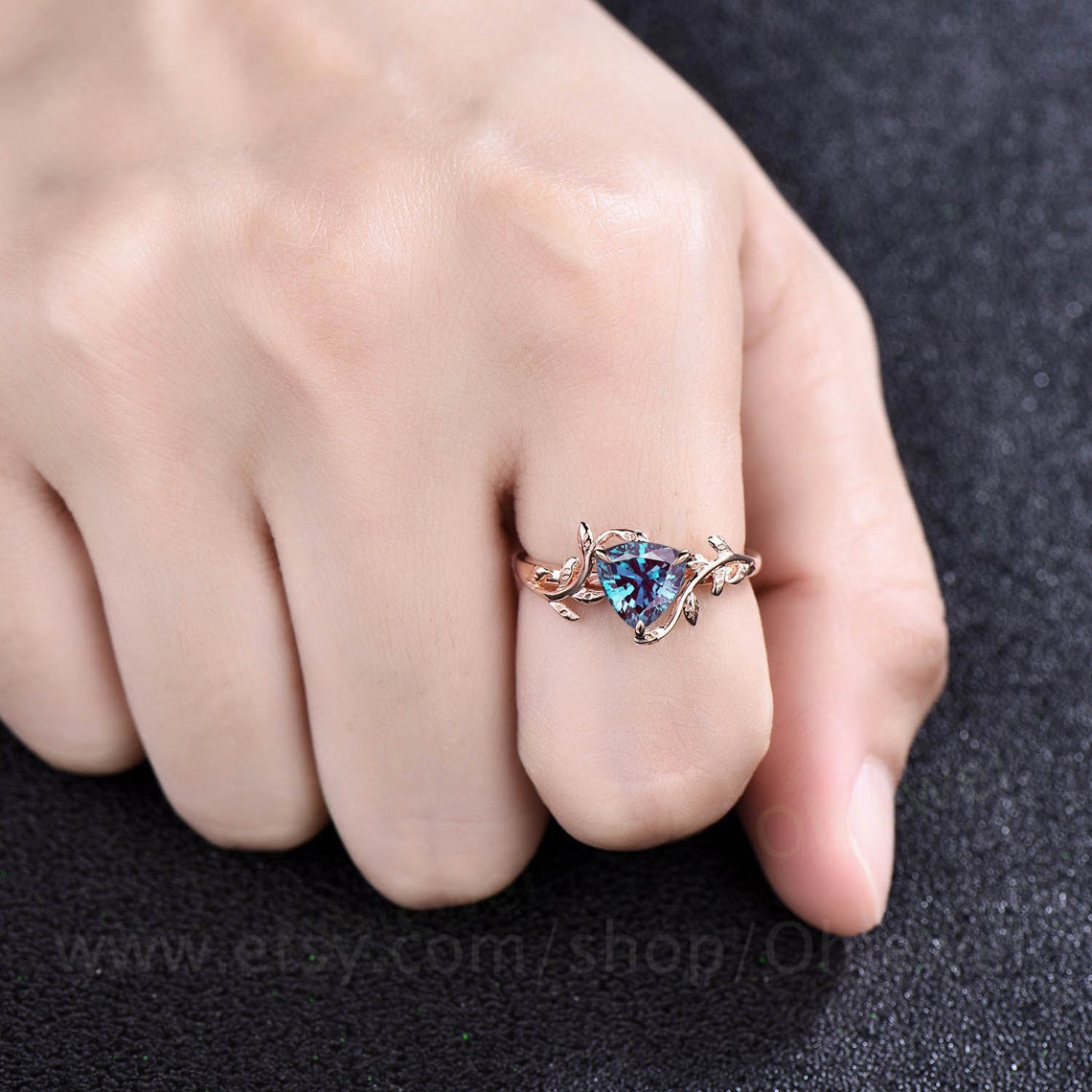 Vintage trilliant cut Alexandrite engagement ring leaf rose gold solitaire ring branches bridal ring women art deco unique promise ring her
