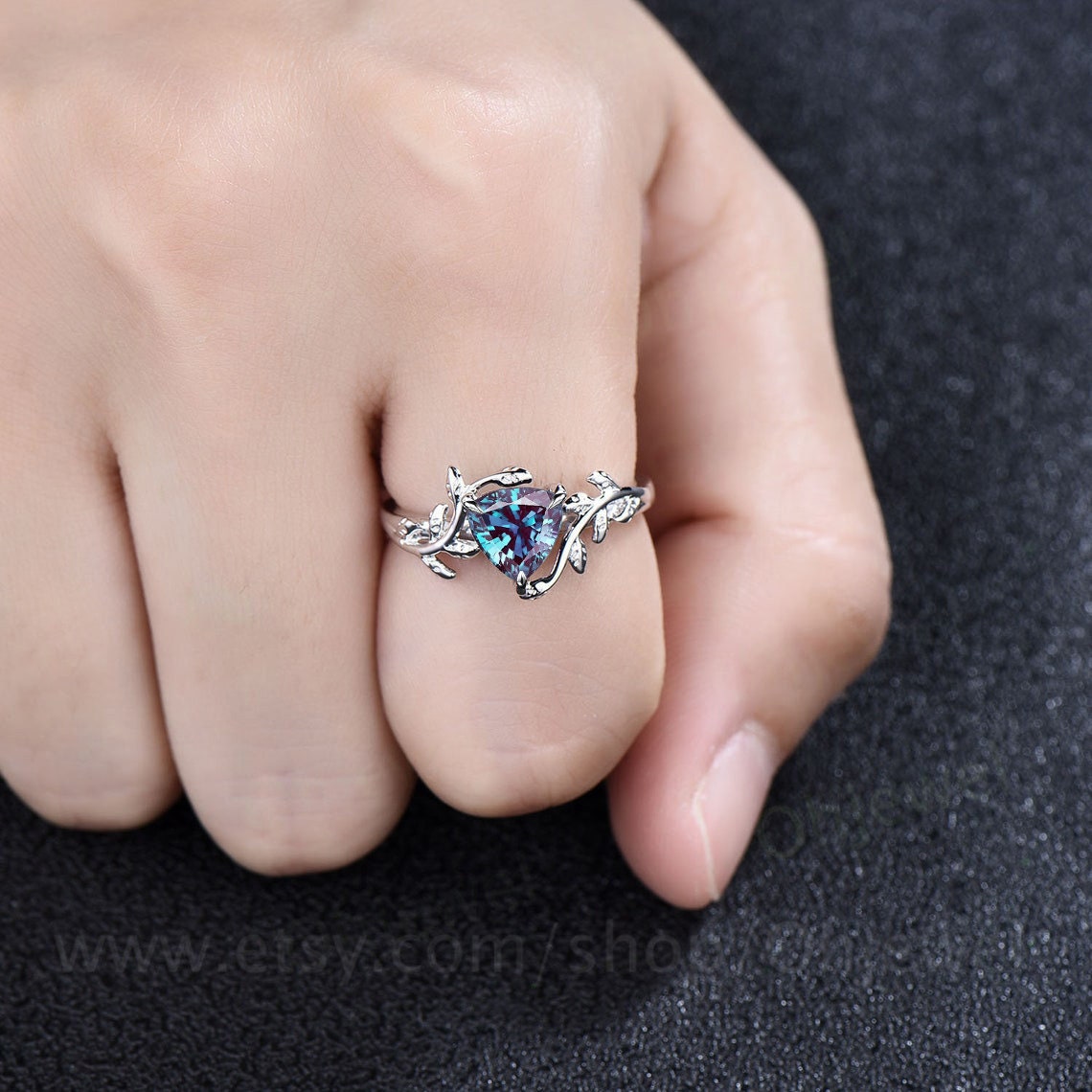 Vintage trilliant cut Alexandrite engagement ring leaf rose gold solitaire ring branches bridal ring women art deco unique promise ring her