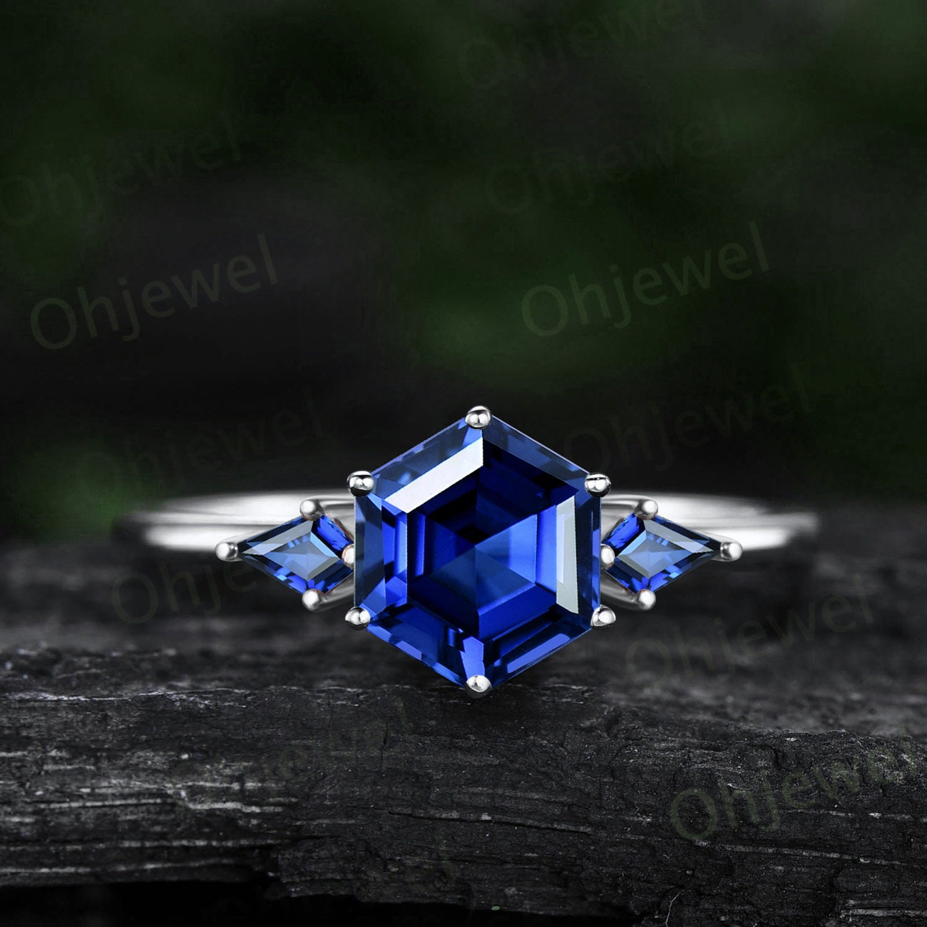 Vintage Hexagon sapphire engagement ring minimalist Three stone ring kite cut alexandrite ring gold women September birthstone bridal ring