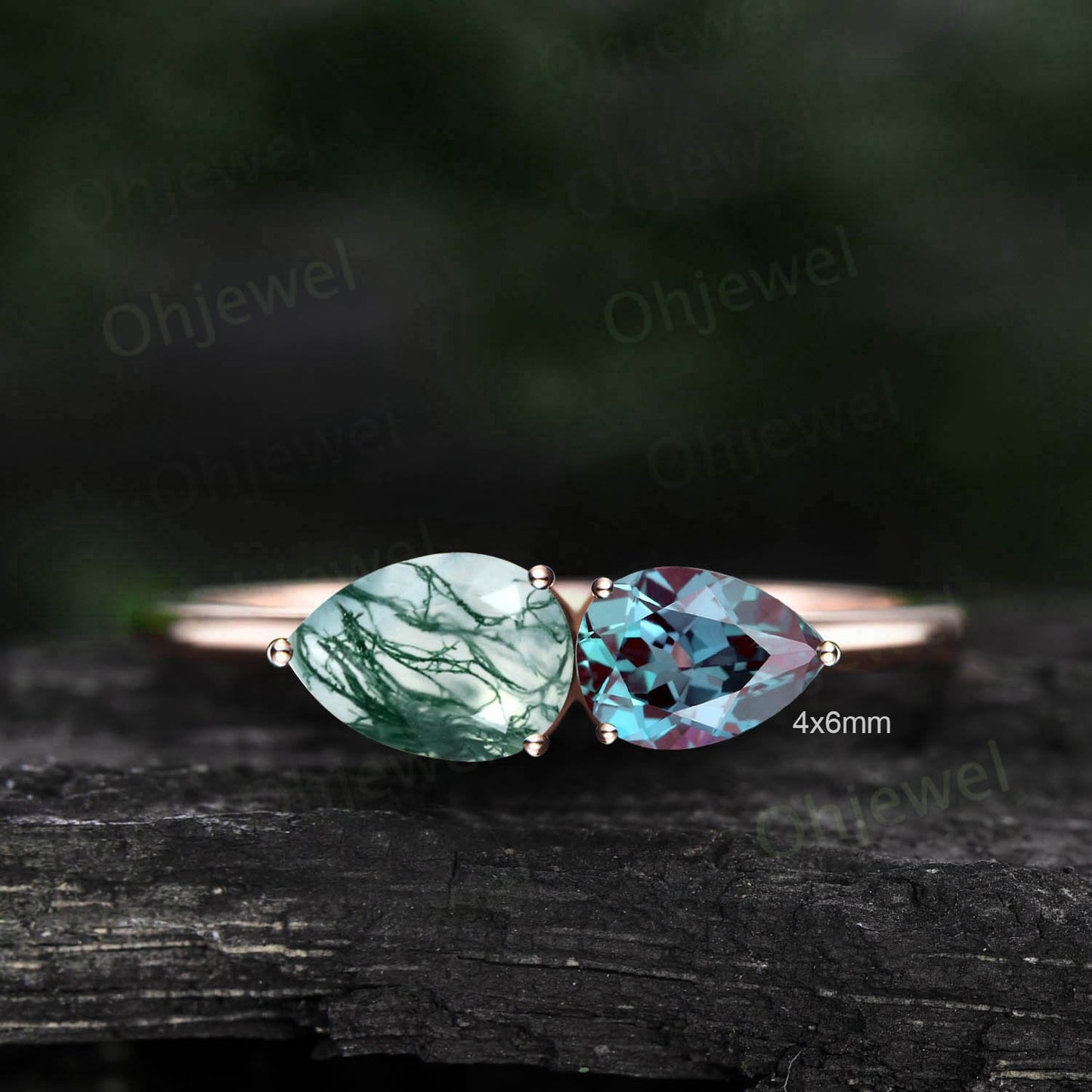 Vintage pear shaped moss agate opal engagement ring rose gold east to west ring dainty Minimalist two stone ring women bridal promise ring