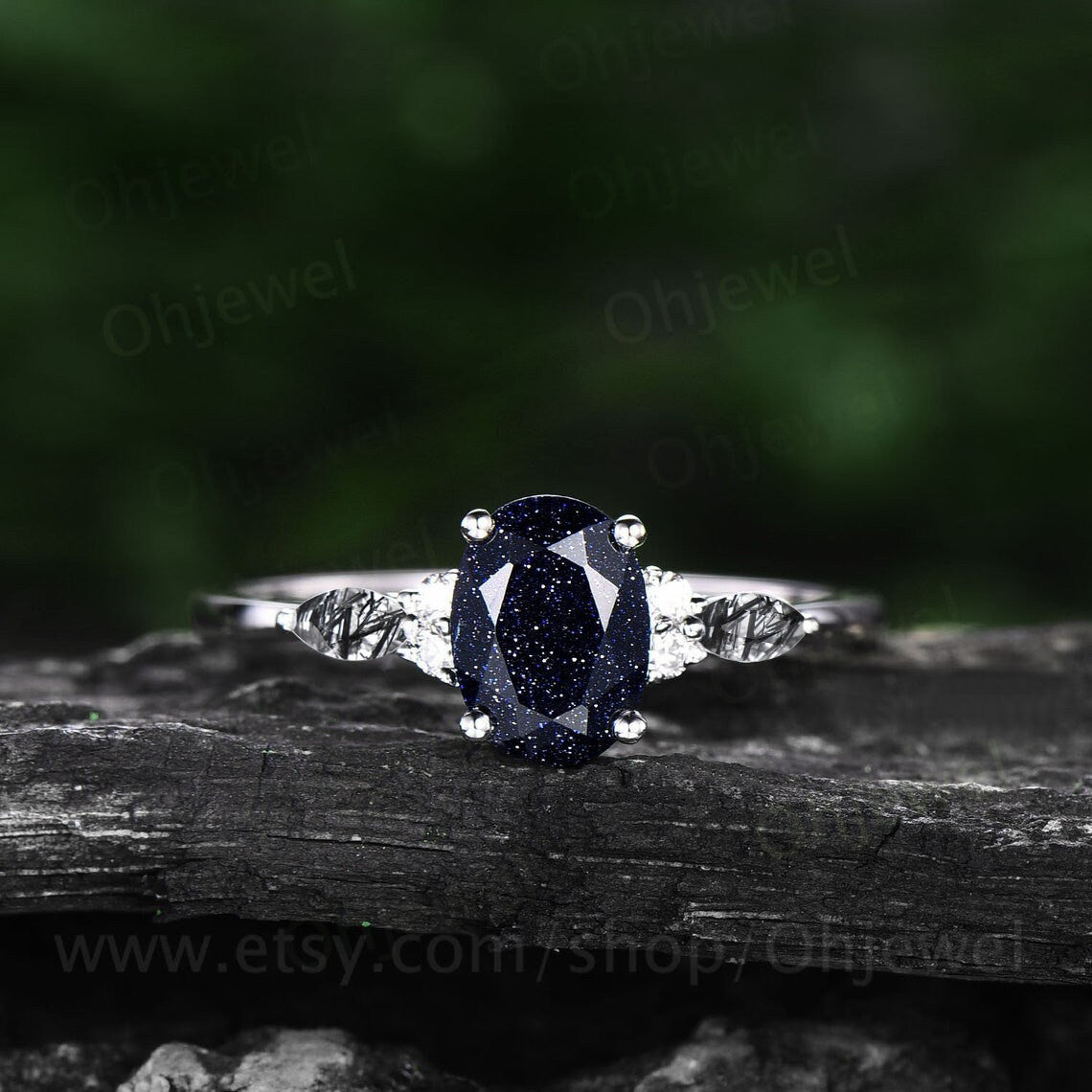 Vintage oval blue sandstone engagement ring set rose gold marquise black rutilated quartz ring women moissanite wedding bridal ring set gift