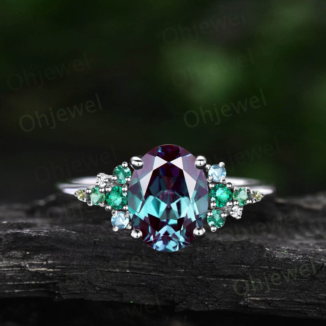 Vintage Alexandrite emerald engagement ring rose gold cluster snowdrift peridot topaz ring women gemstone ring unique bridal wedding ring