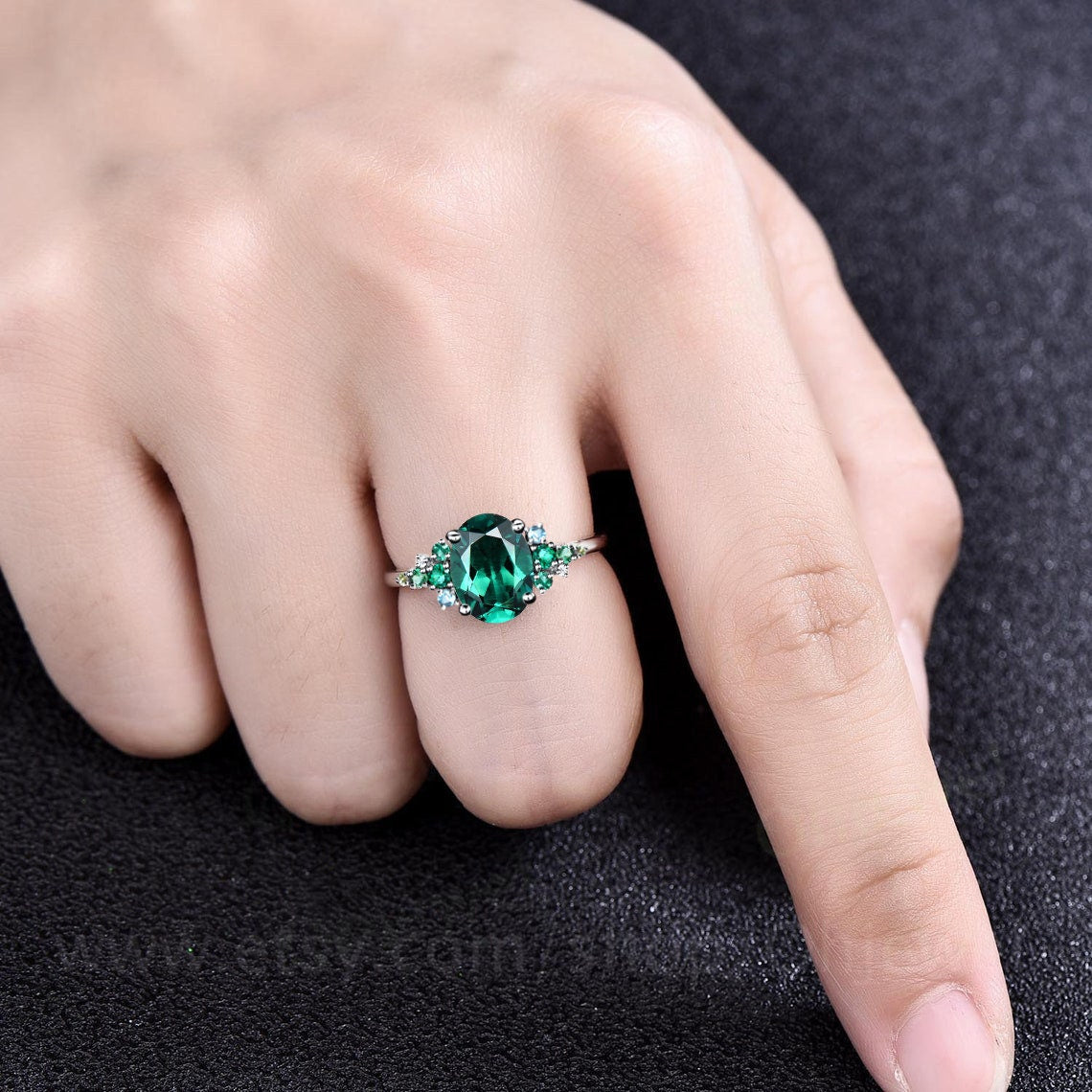 Vintage oval cut emerald engagement ring solid 14k rose gold cluster snowdrift peridot topaz ring women gemstone ring unique bridal ring