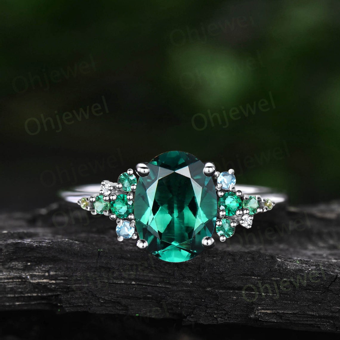 Vintage oval cut emerald engagement ring solid 14k rose gold cluster snowdrift peridot topaz ring women gemstone ring unique bridal ring