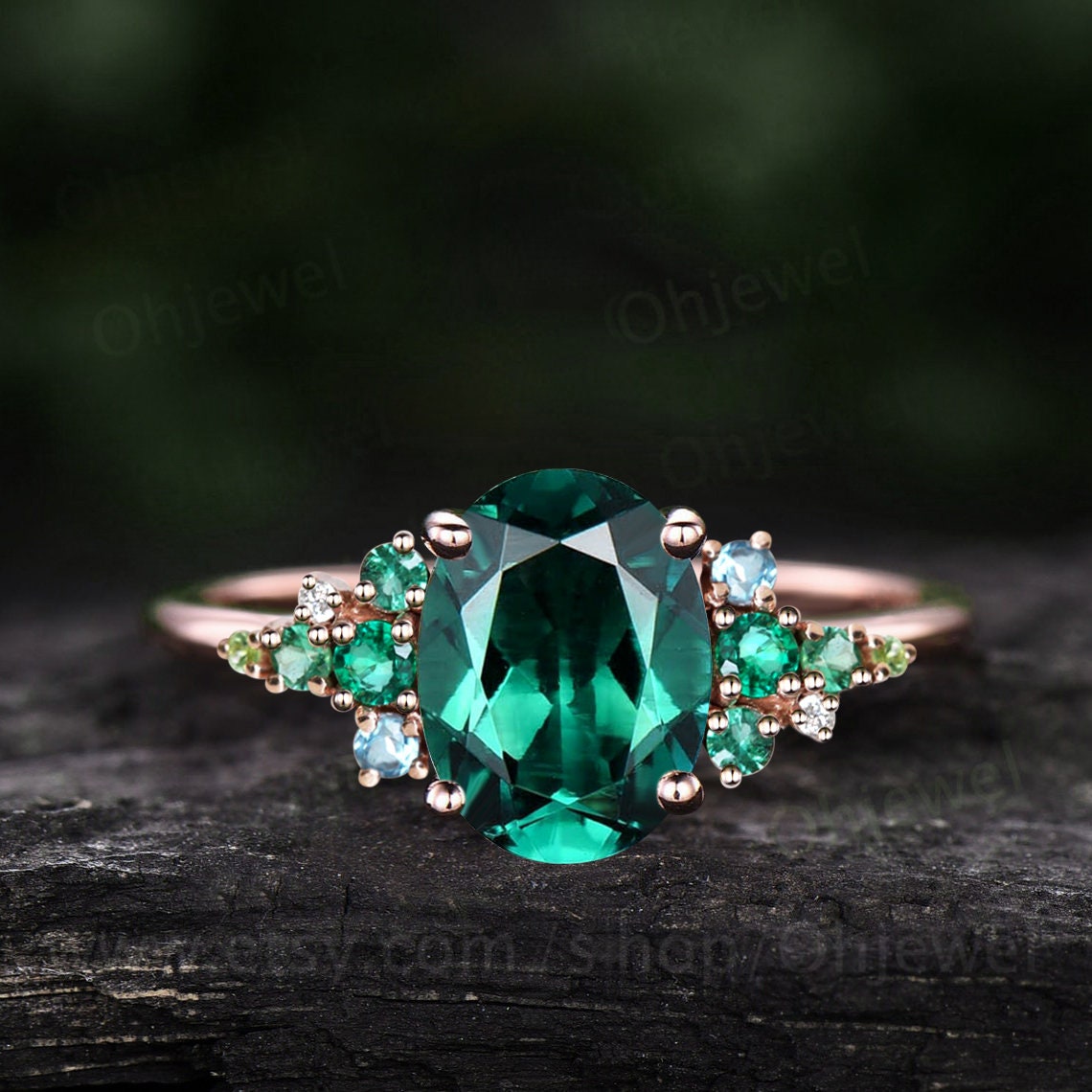 Vintage oval cut emerald engagement ring solid 14k rose gold cluster snowdrift peridot topaz ring women gemstone ring unique bridal ring