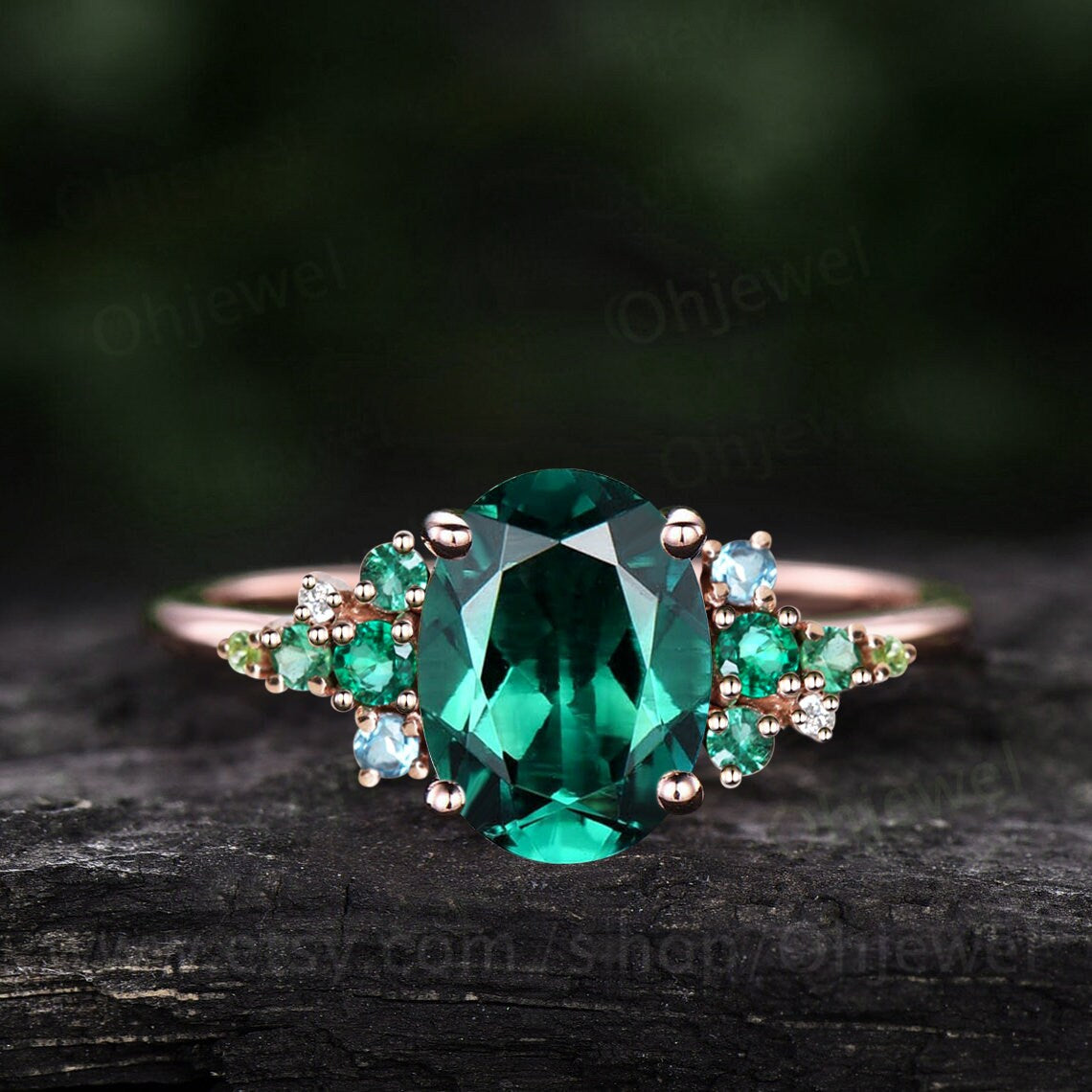 Vintage oval cut emerald engagement ring set solid 14k rose gold cluster snowdrift peridot topaz ring women gemstone ring unique bridal ring
