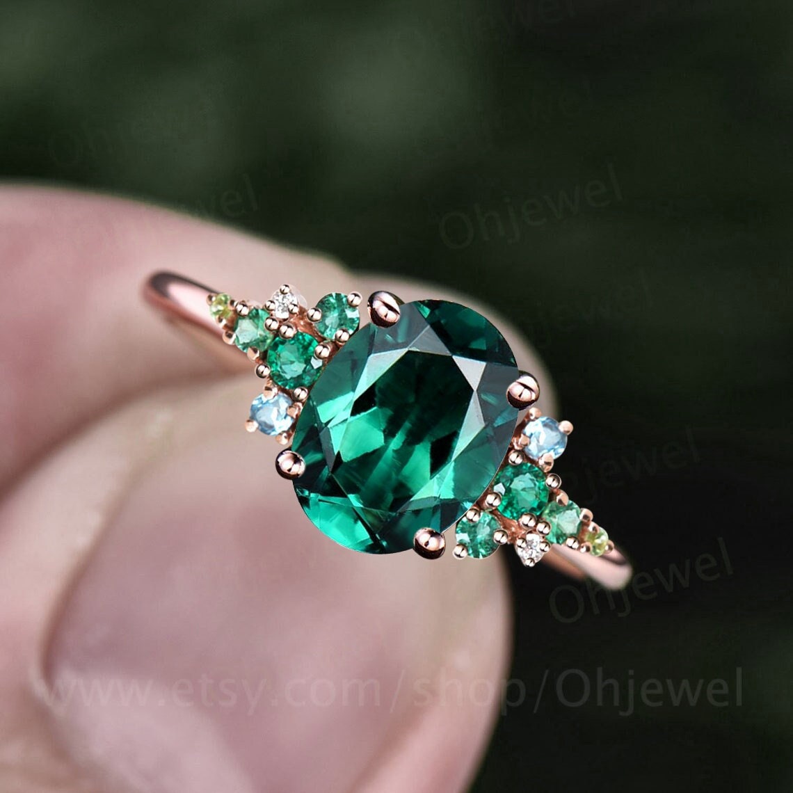 Vintage oval cut emerald engagement ring solid 14k rose gold cluster snowdrift peridot topaz ring women gemstone ring unique bridal ring