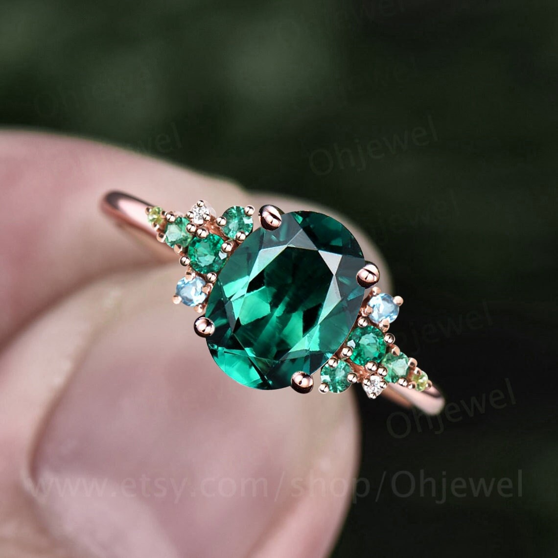 Vintage oval cut emerald engagement ring set solid 14k rose gold cluster snowdrift peridot topaz ring women gemstone ring unique bridal ring