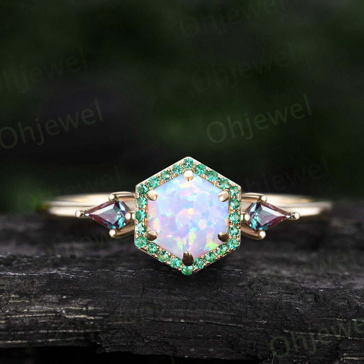 Opal ring vintage Hexagon opal engagement ring solid 14k rose gold halo emerald ring women kite alexandrite ring dainty wedding bridal ring